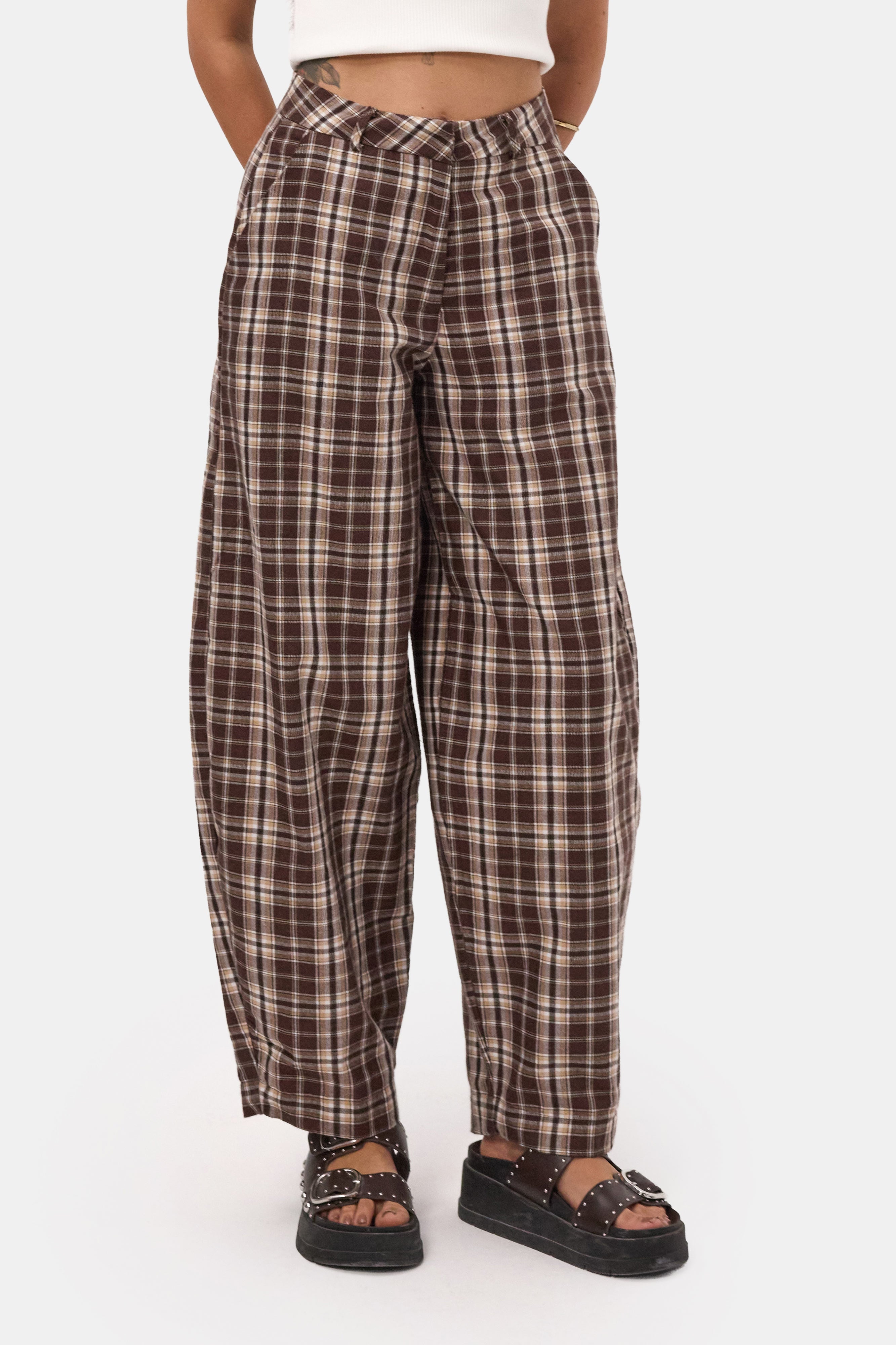 Kadın Kahve Ekose s6-14 Skater Fit Bol Kesim Pantolon