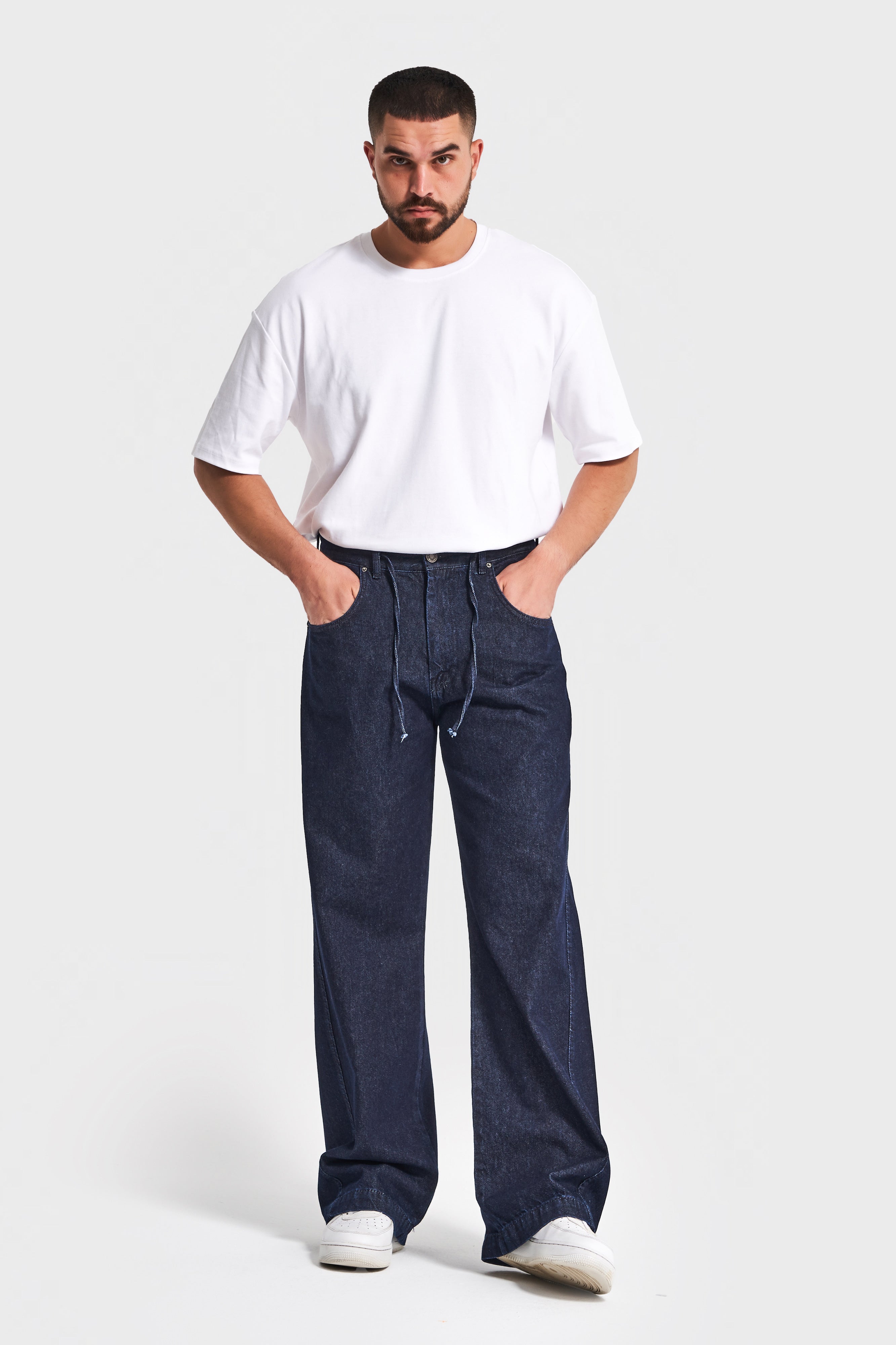 Erkek İndigo Renk NC17 7w5-50 Relaxed Baggy Fit Kemeri Bağcıklı İç Boy 79cm %100 Koton Denim Jean