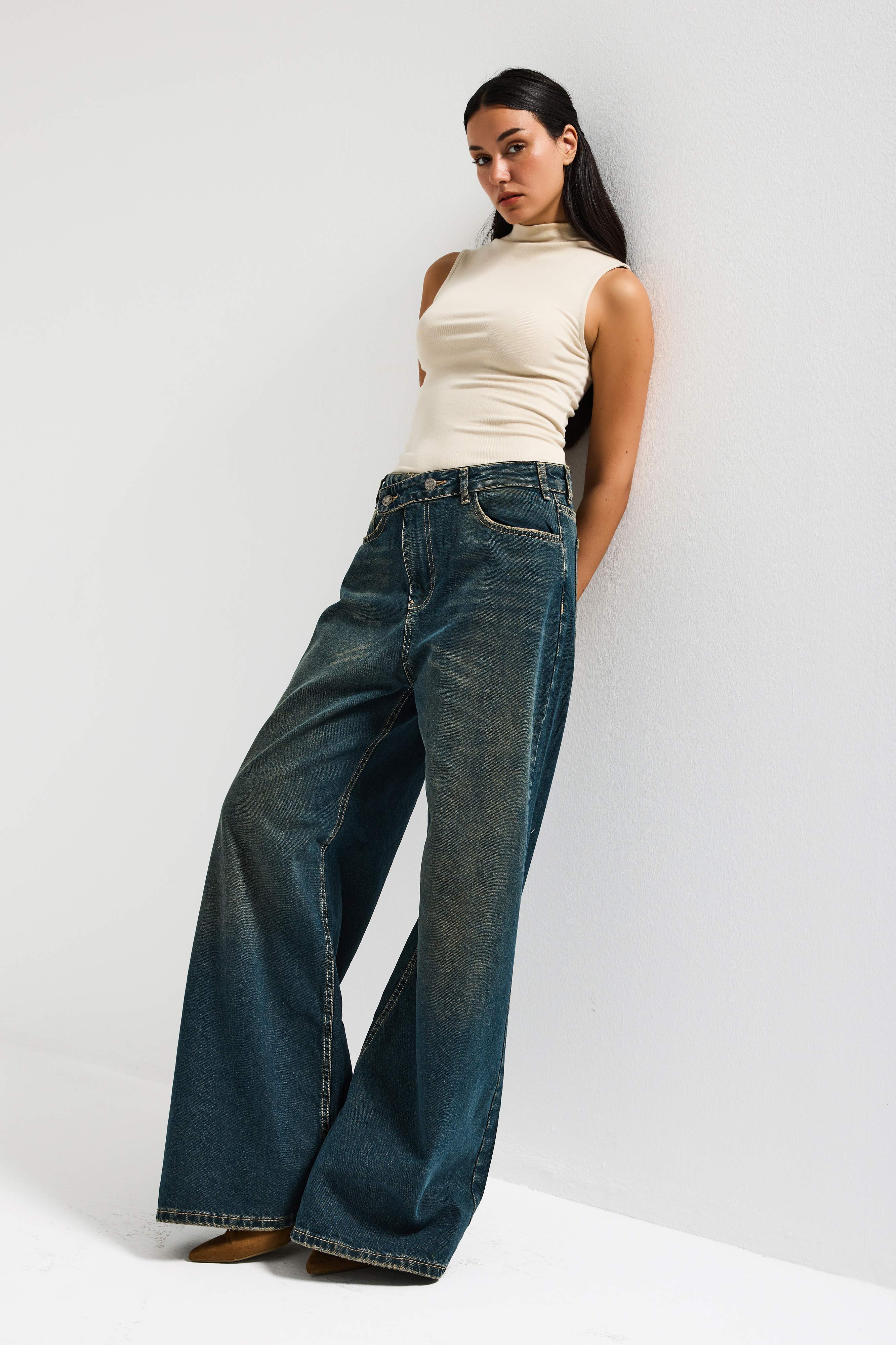 Women's Dark Tint Color Mega Baggy Fit Loose Cut Denim