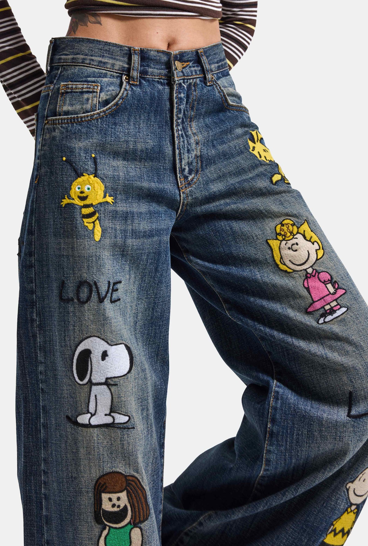 Kadın 2w6-11 Wide Leg Palazzo Nakış Özel Tasarım Denim Jean