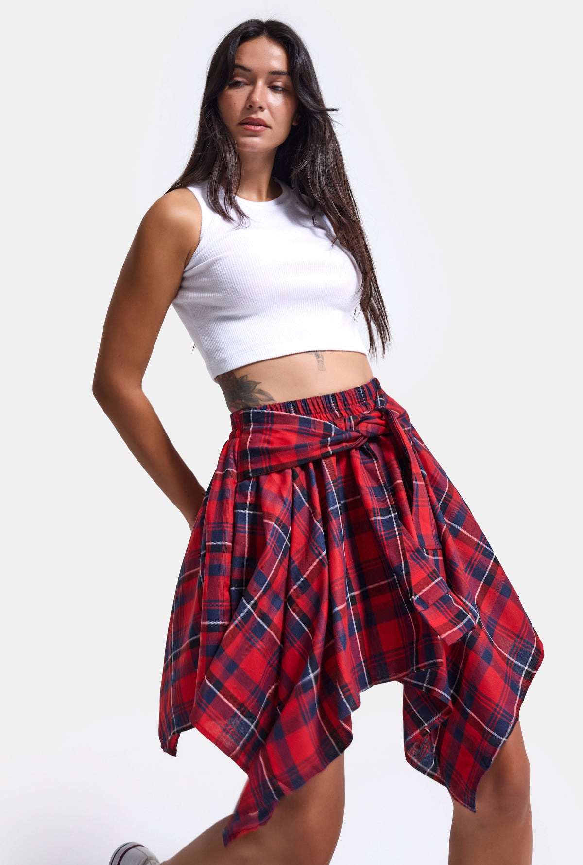 Women's Red Navy Plaid Asymmetric Skort