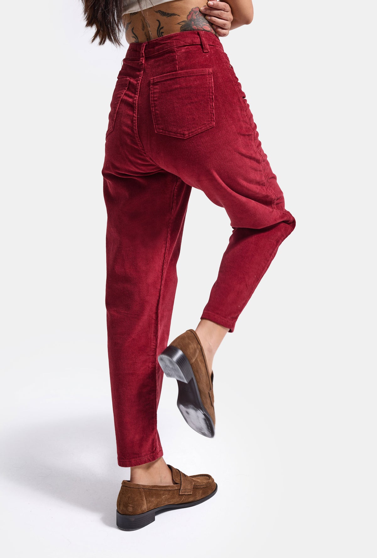 Kadın Bordo Renk 26w5-35 Relax Fit Esnek Kumaş İnce Fitilli Velvet Kadife Kumaş Pantolon