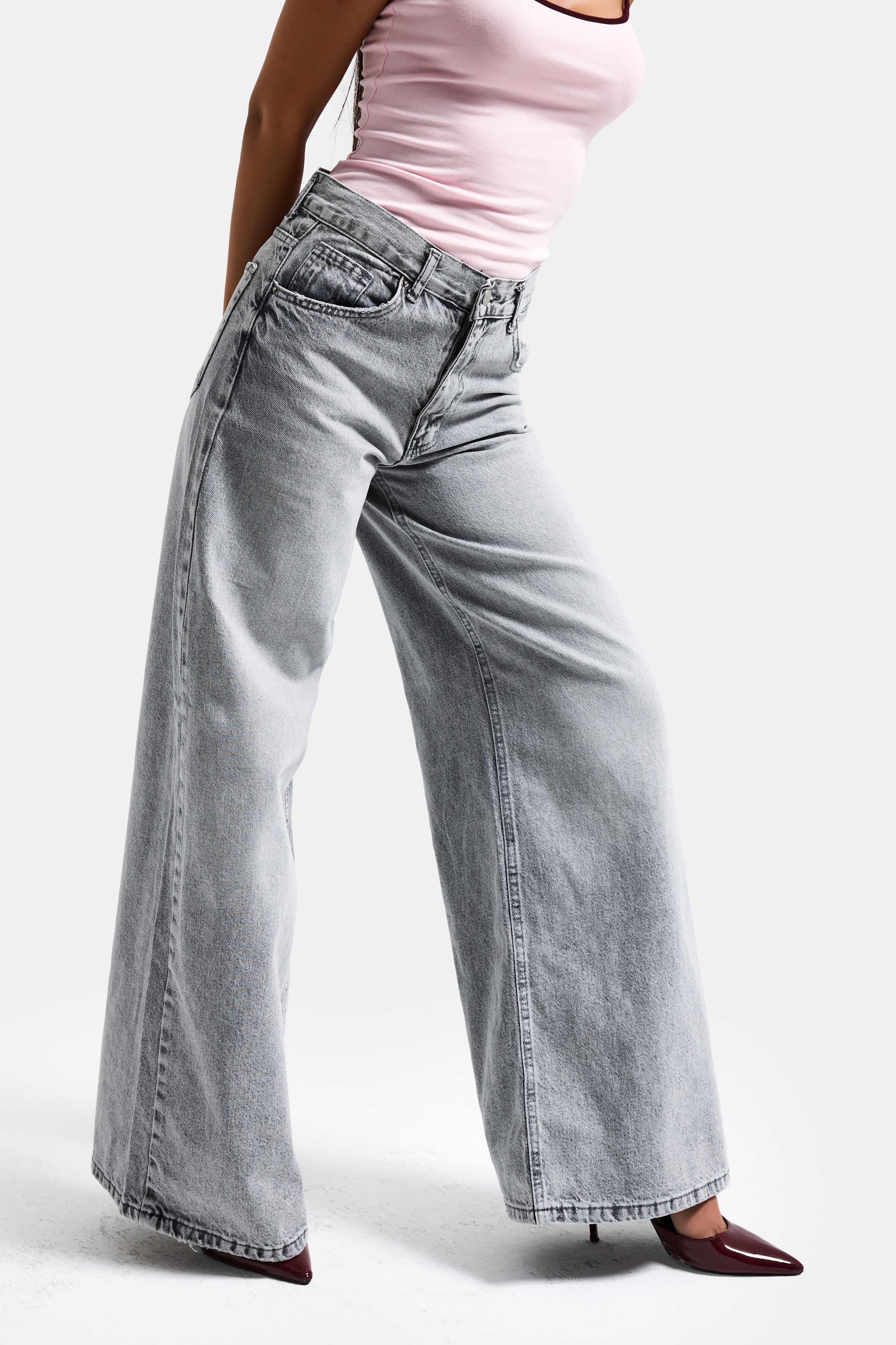 Kadın Gri Renk Hera 4s6-12 Palazzo Fit Bol Kesim %100 Koton Orta Bel Denim Jean