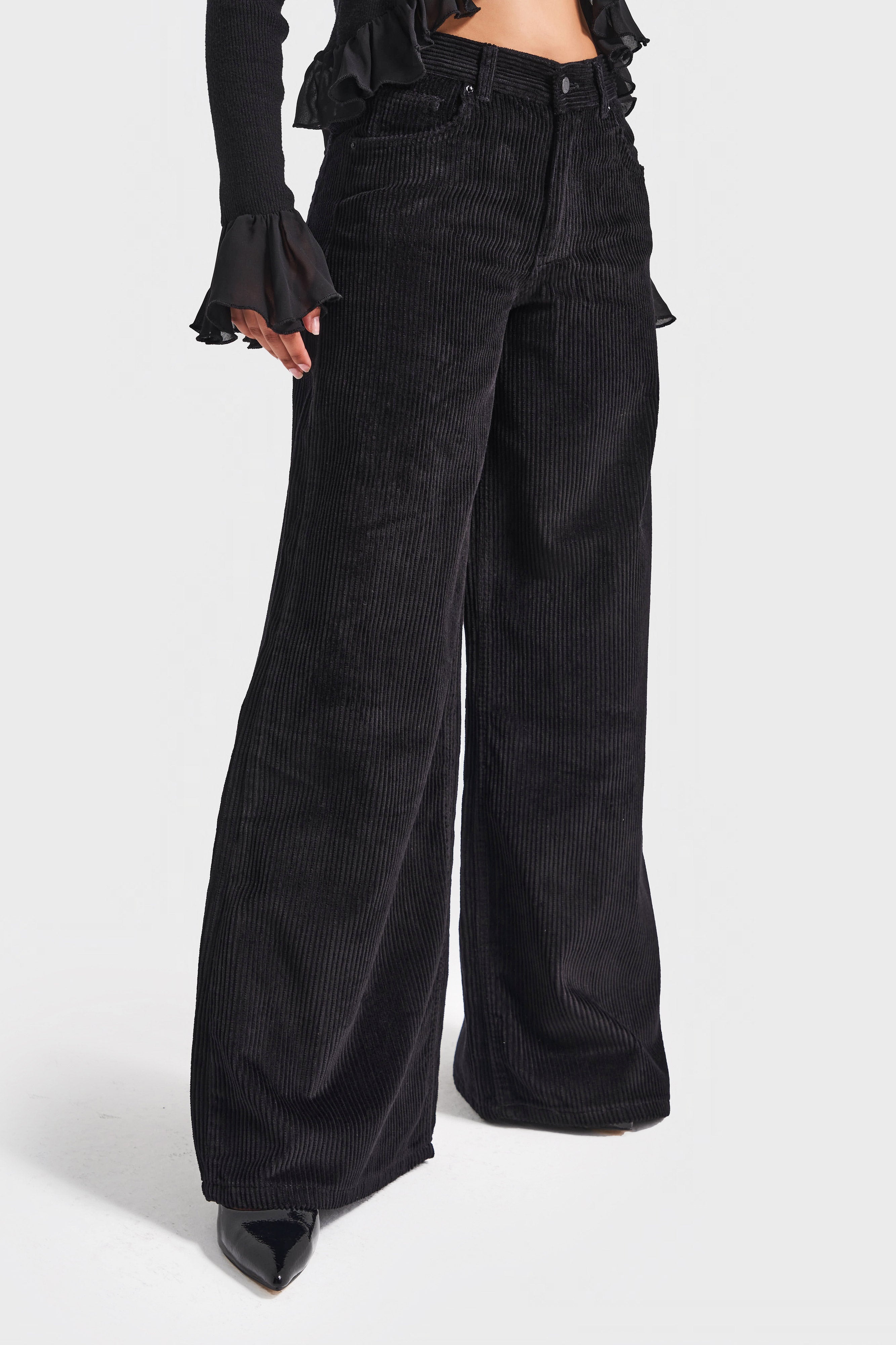 Women's Black Color 26w41 Palazzo Fit Corduroy Trousers