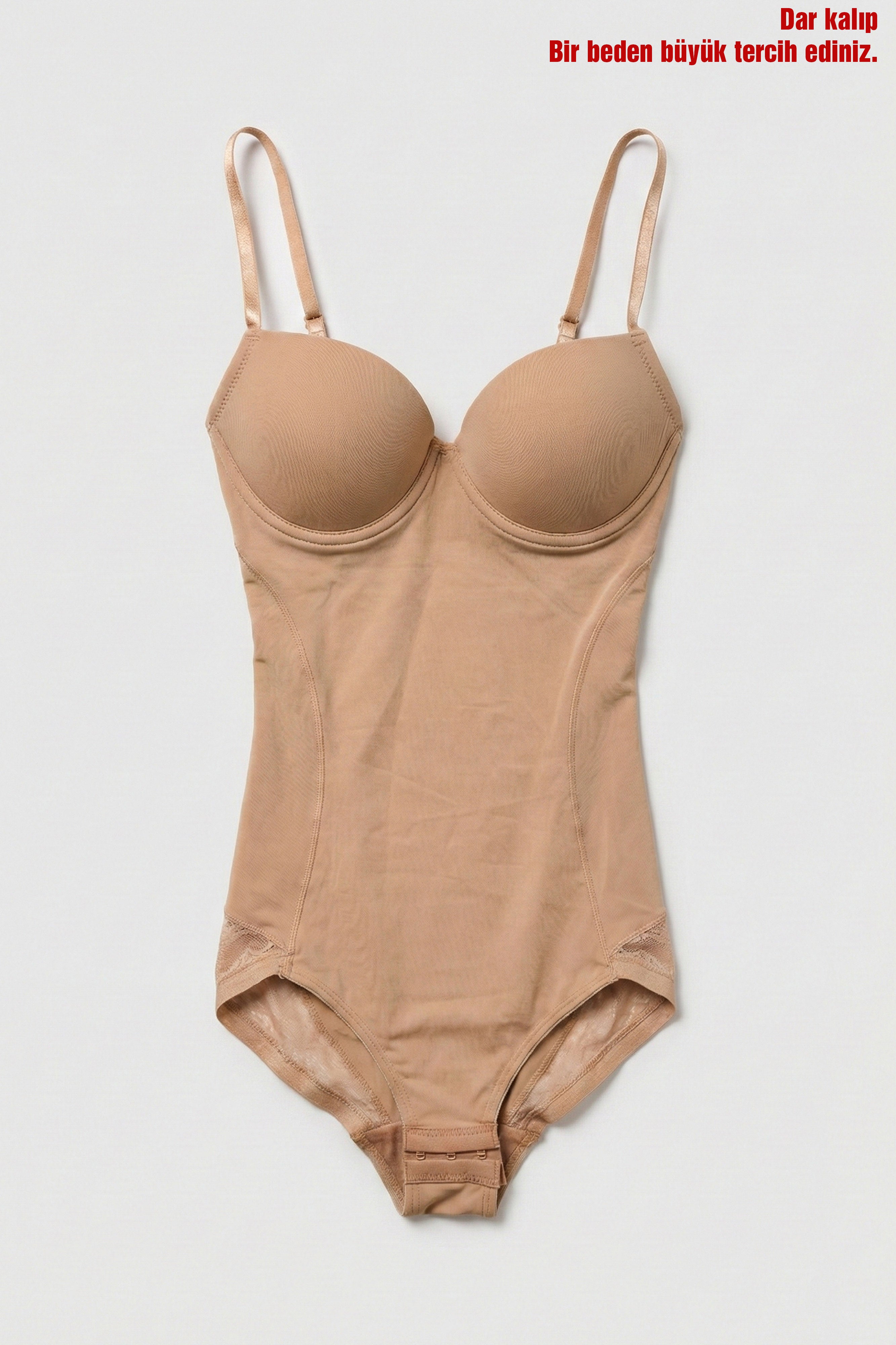 Kadın Bej Vizon w5 Çıtçıtlı Toparlayıcı Dantel Detaylı Destekli Cup Tasarım Askılı Body