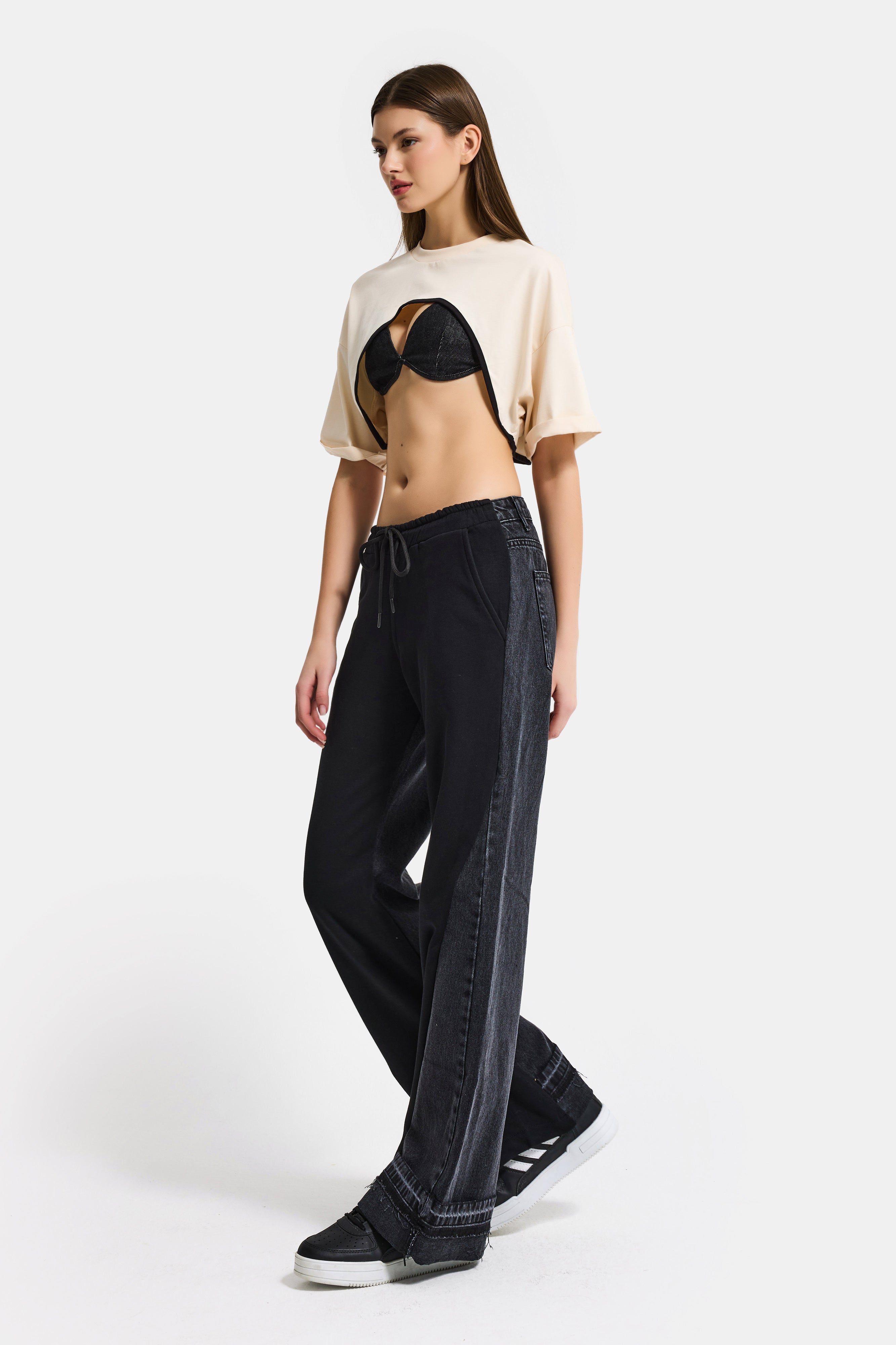 Women's Black Color 2w41 Knitted Denim Piece Loose Fit Design Trousers