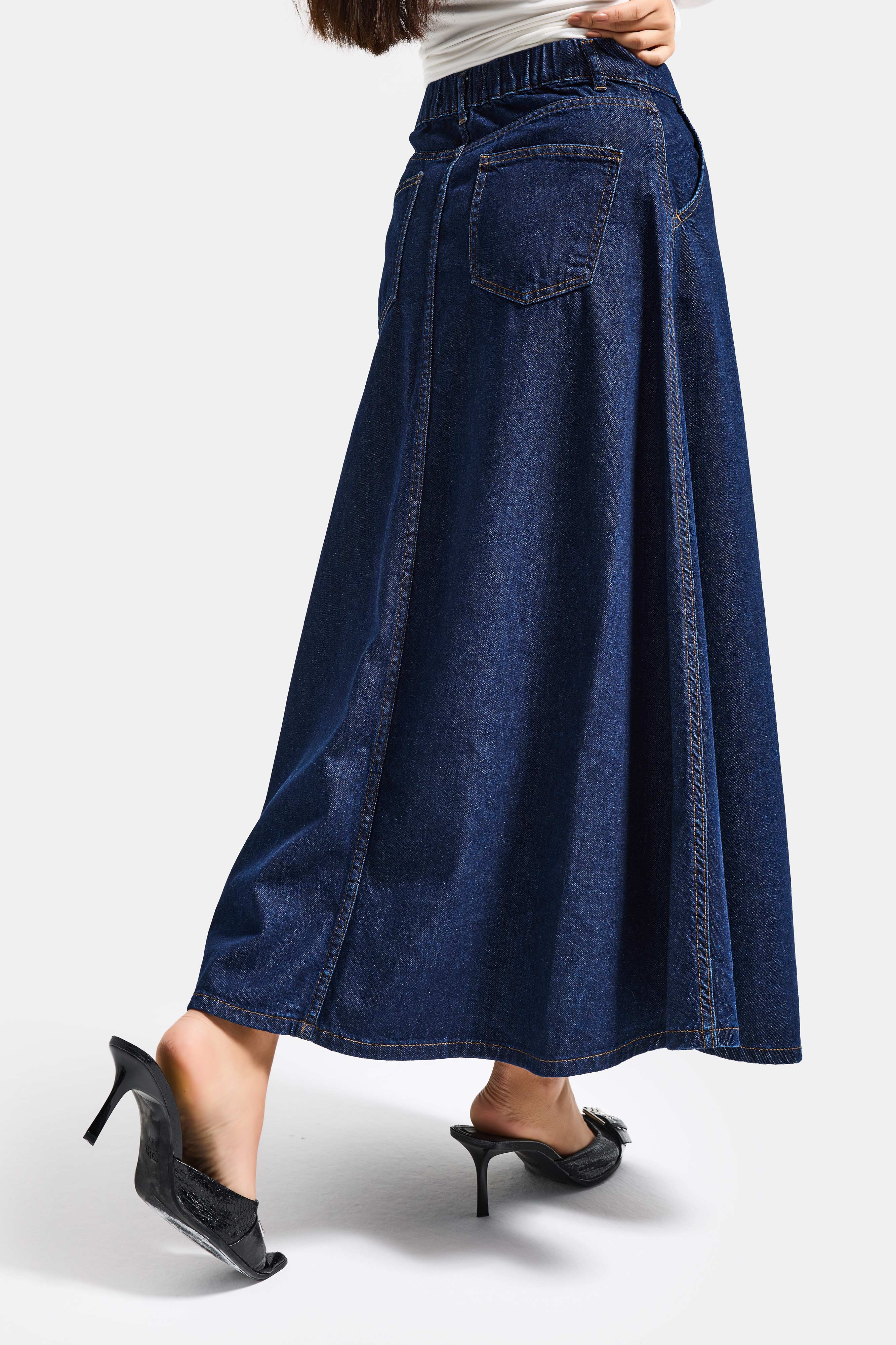 Kadın İndigo Renk 7w5-50 A Tipi Çan Kesim Maxi Boy %100 Koton Denim Etek