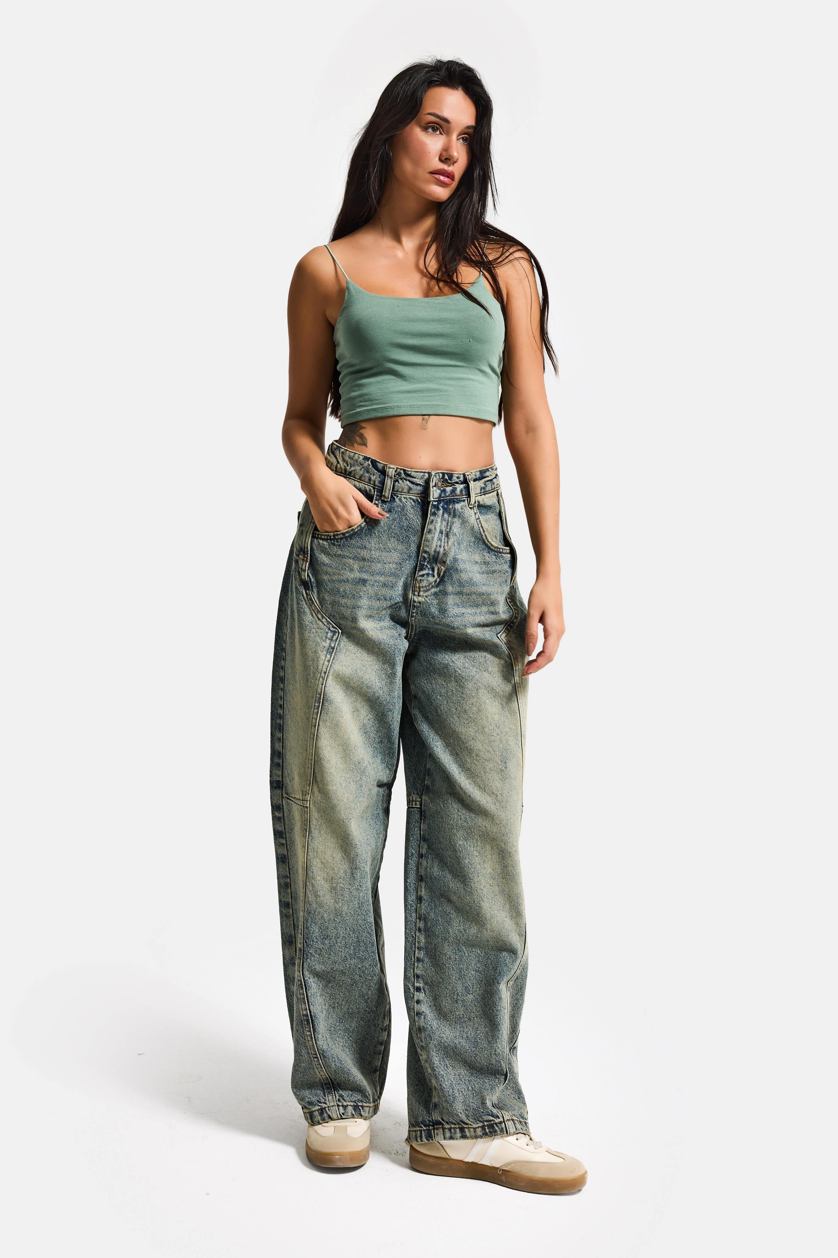 Kadın T.Kot Rengi 4w5-85 Barrel Fit Cep Detaylı %100 Koton Tasarım Denim Jean