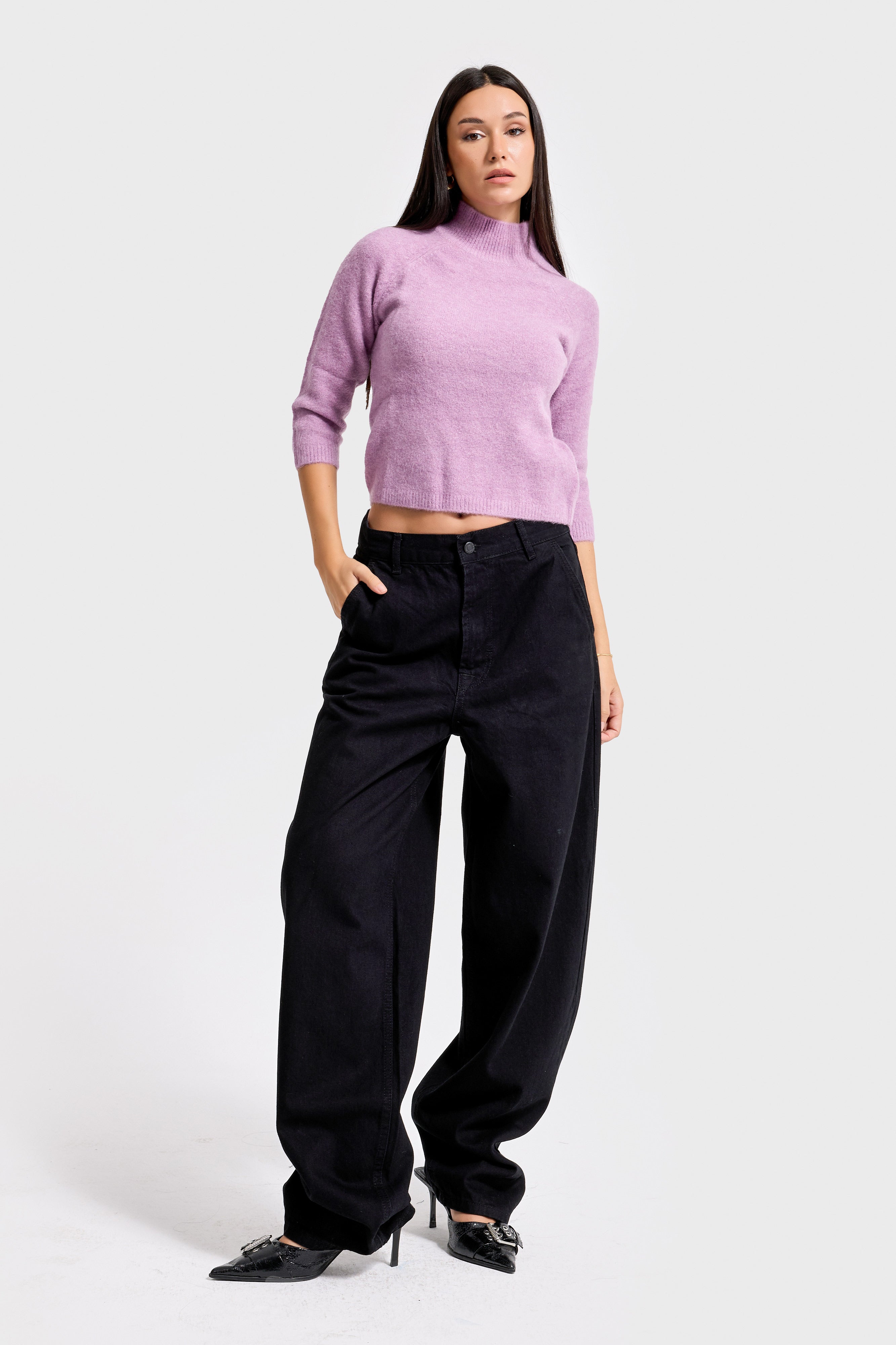 Women's Black Color Skater Fit Loose Cut Denim Trousers | It's Basic