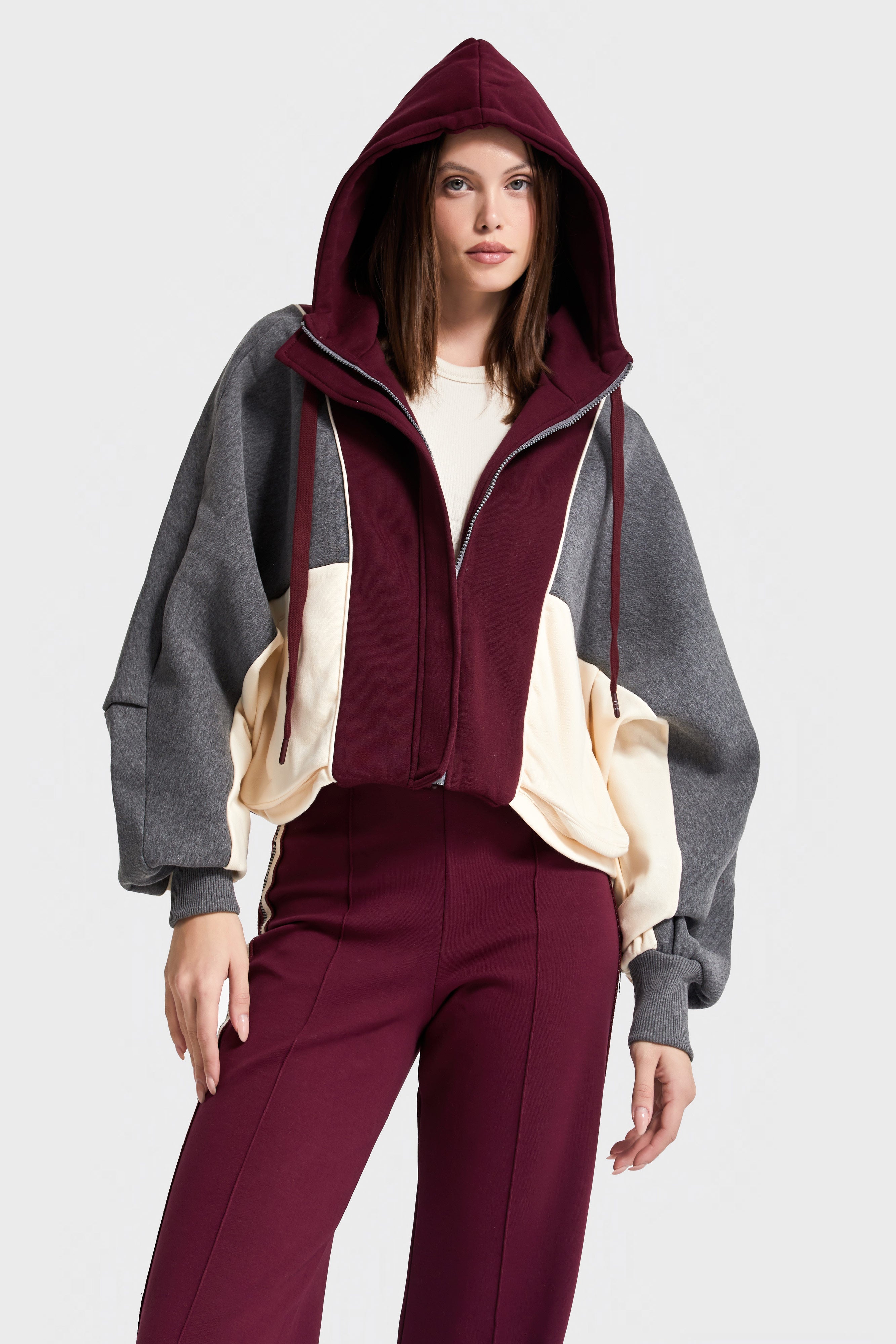 Kadın Bordo Renk w5-35 Örme Kumaş Polar ve Alt Eşofman 2'li Kombin Tasarım Takım