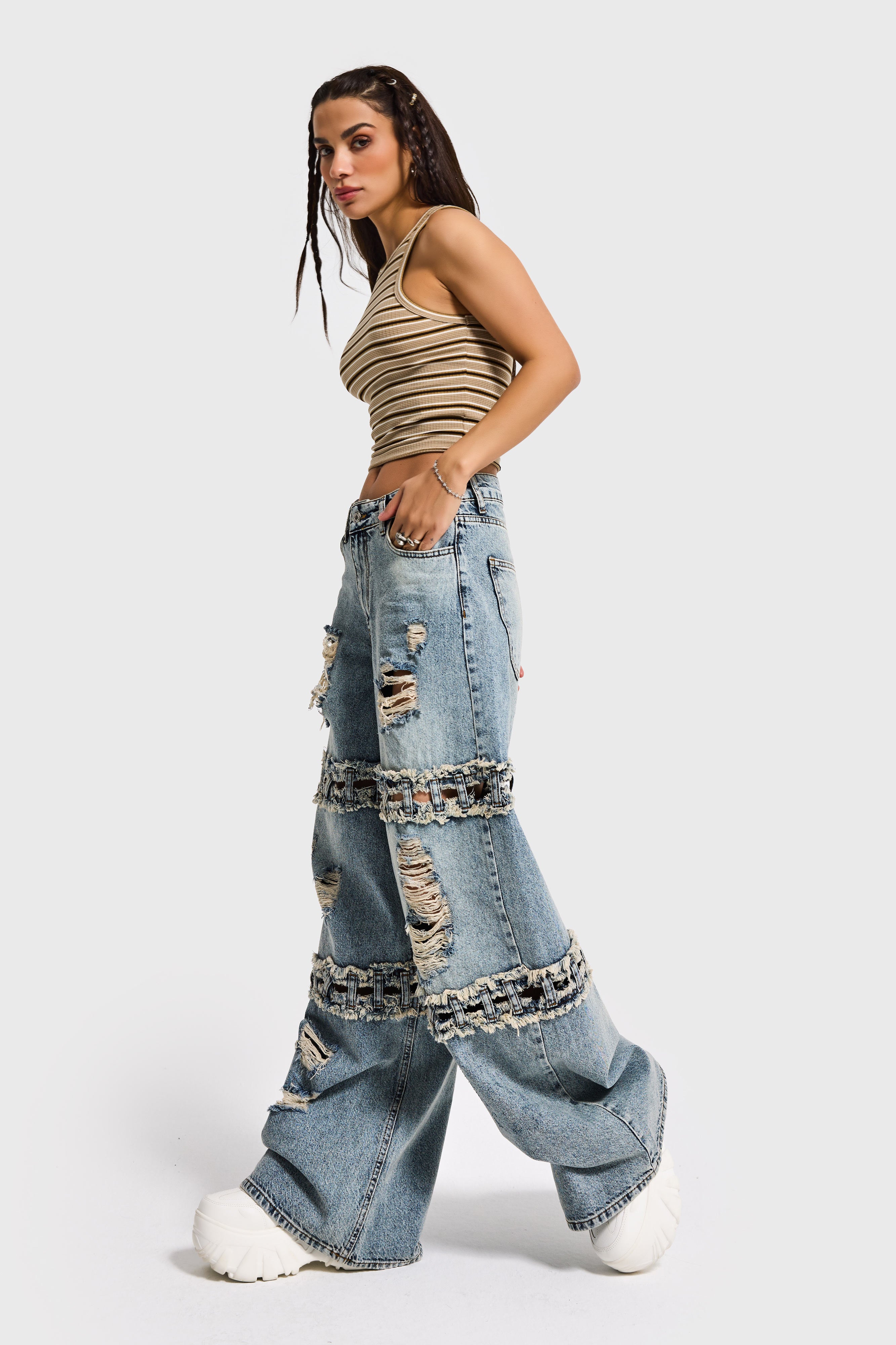 Kadın Kot Rengi Palazzo Fit Yırtık Detaylı Tasarım Denim Jean