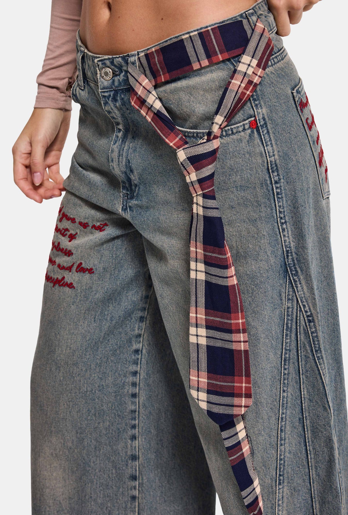 Kadın 2w6-124 Wide Leg Fit Kemer ve Nakış Detaylı Tasarım Denim Jean