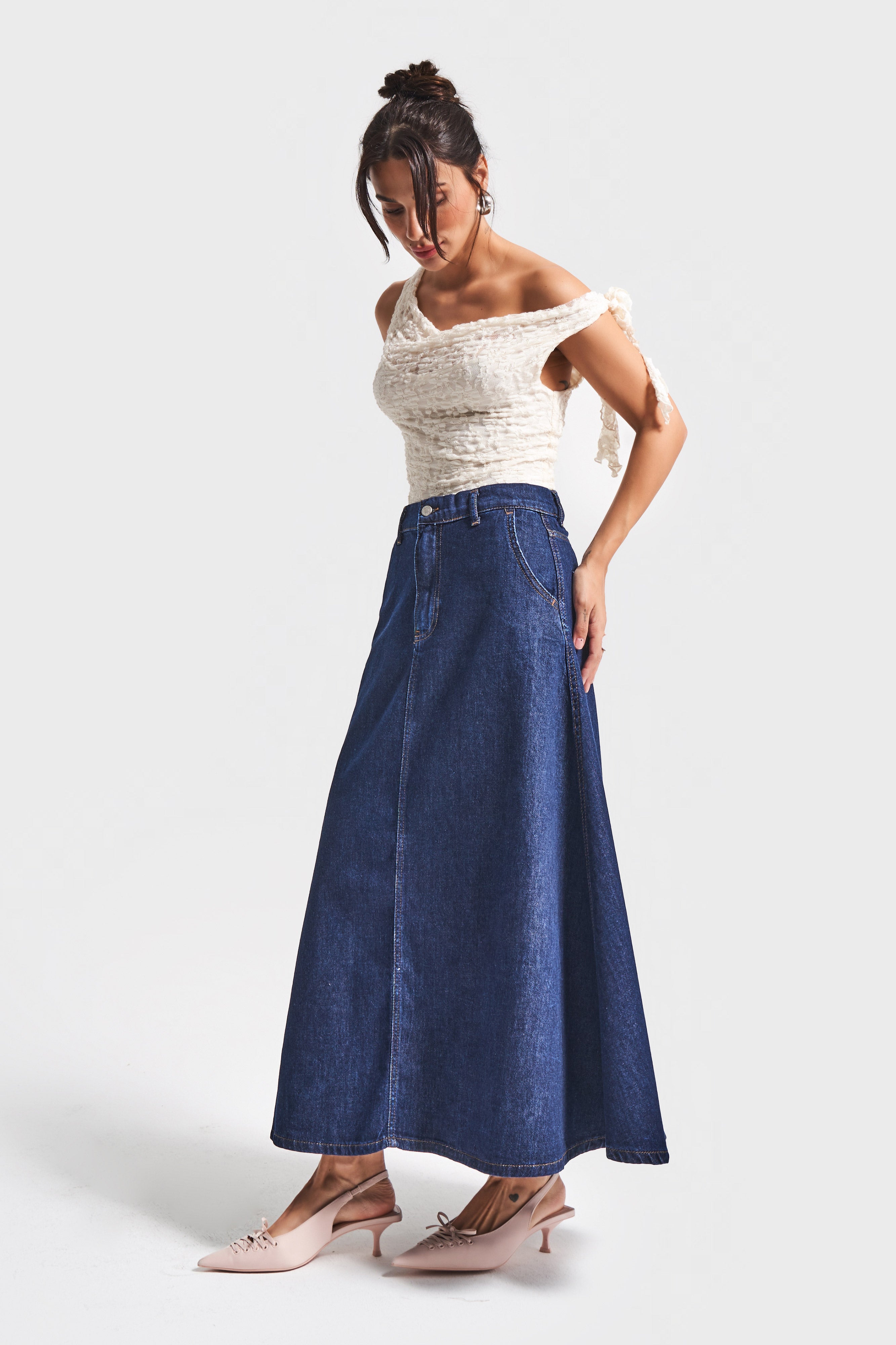 Kadın İndigo Renk 7w5-50 A Tipi Çan Kesim Maxi Boy %100 Koton Denim Etek
