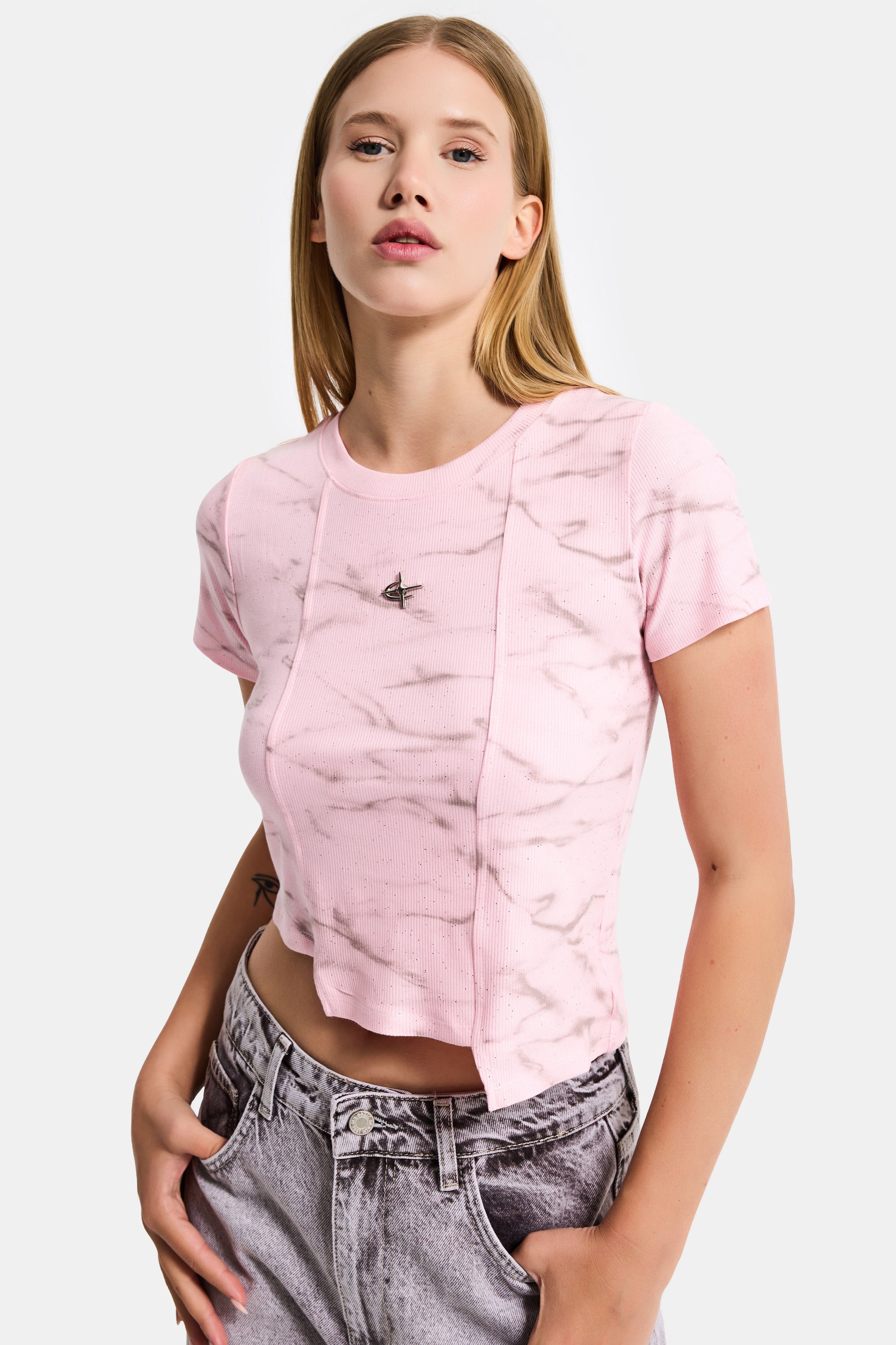 Women's Pink w5 Asymmetrical Cut Crop Top with Accessory Detail