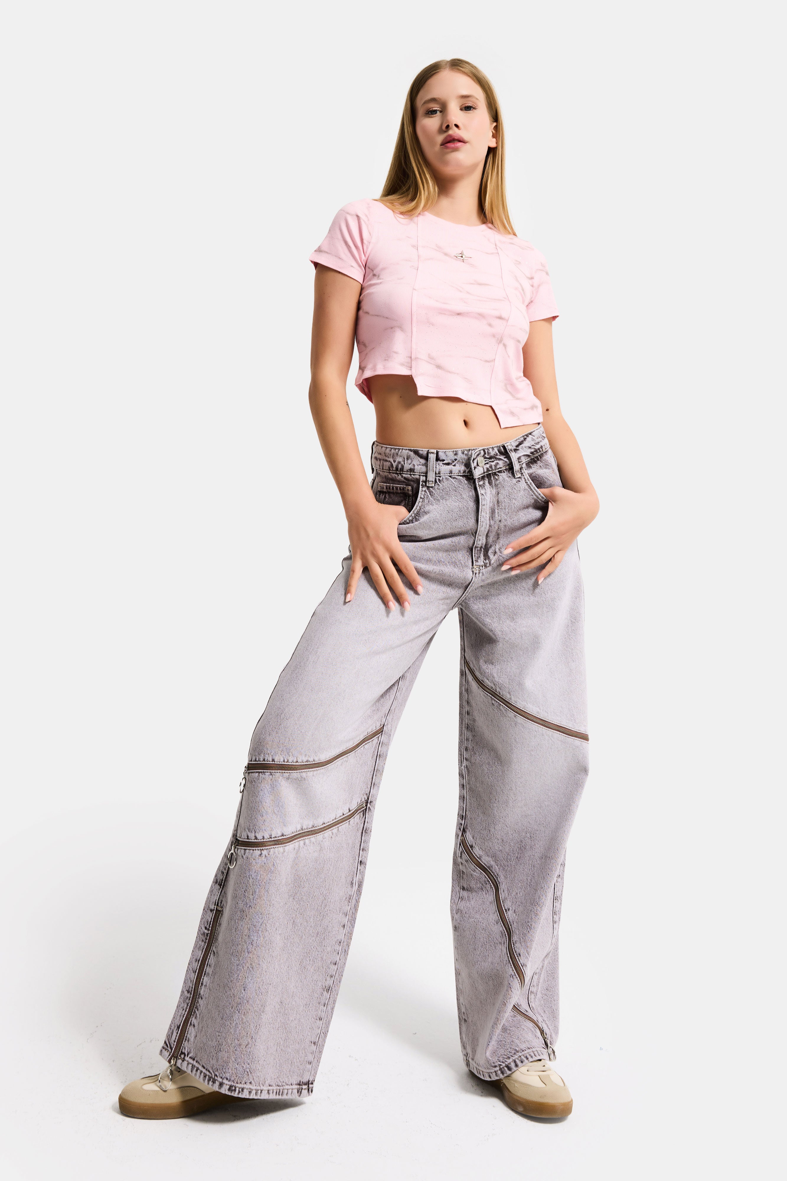 Women's Pink w5 Asymmetrical Cut Crop Top with Accessory Detail