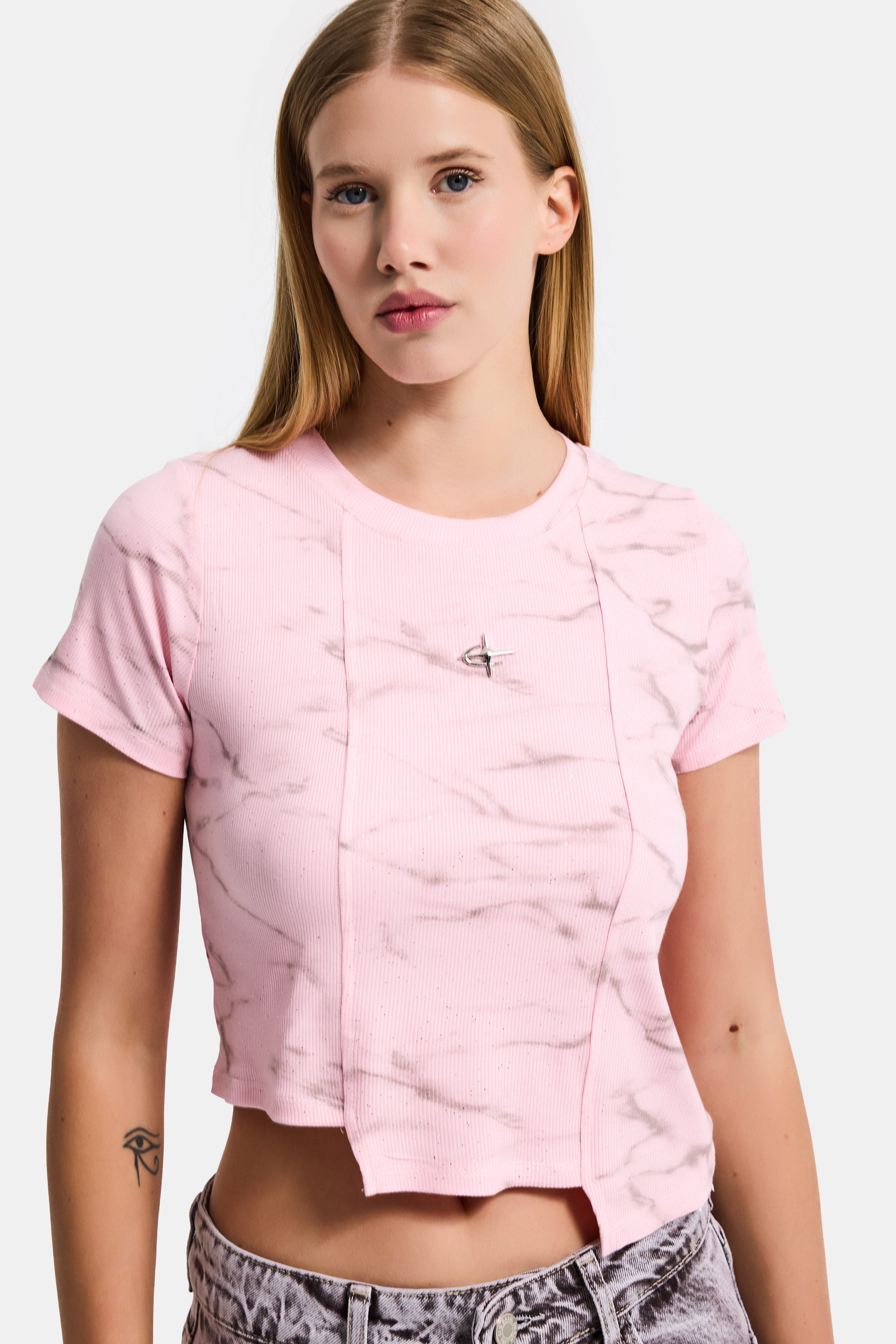 Women's Pink w5 Asymmetrical Cut Crop Top with Accessory Detail