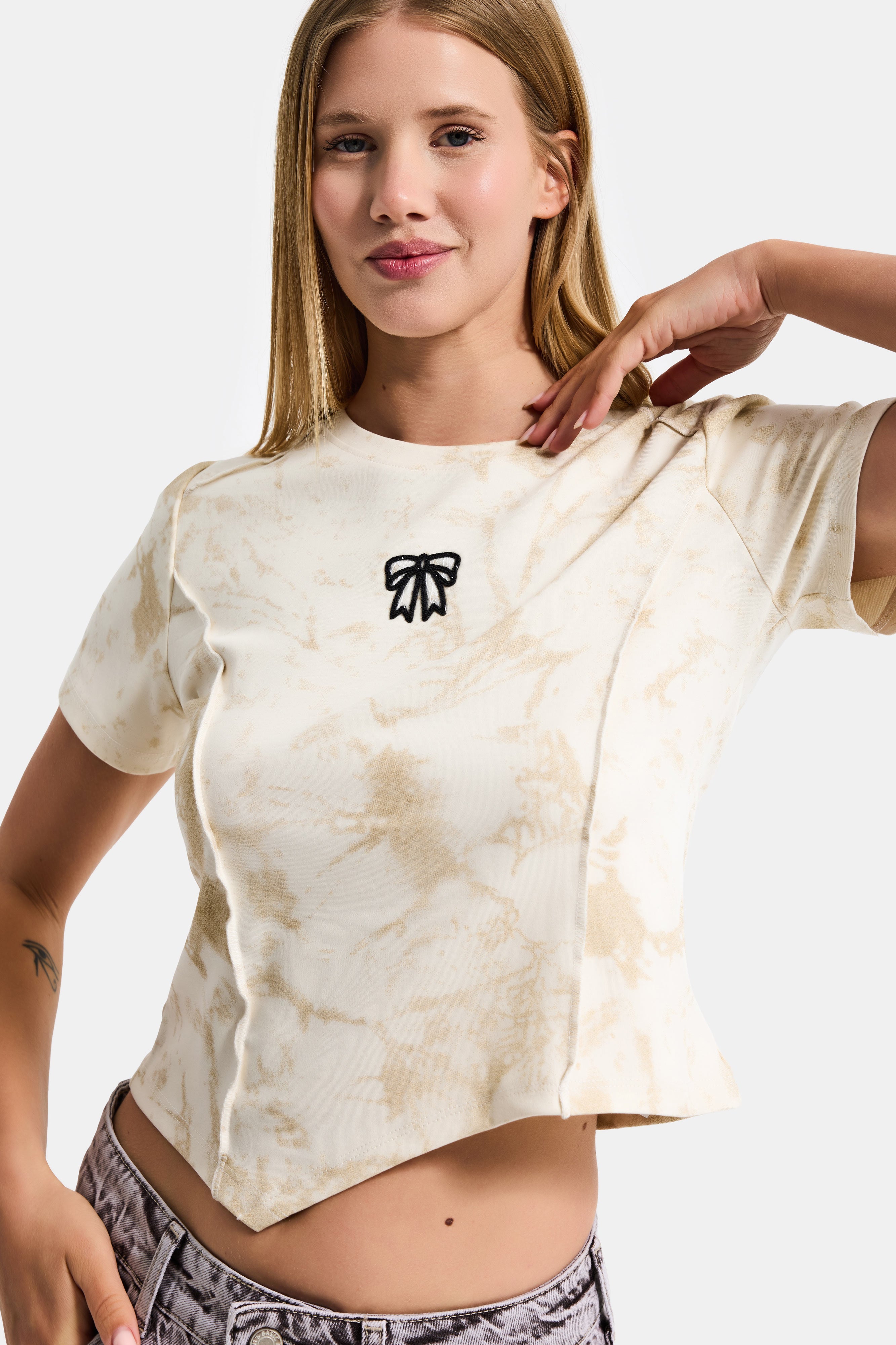 Kadın Bej Ekru w5 Özel Kumaş Elastan Crop Top
