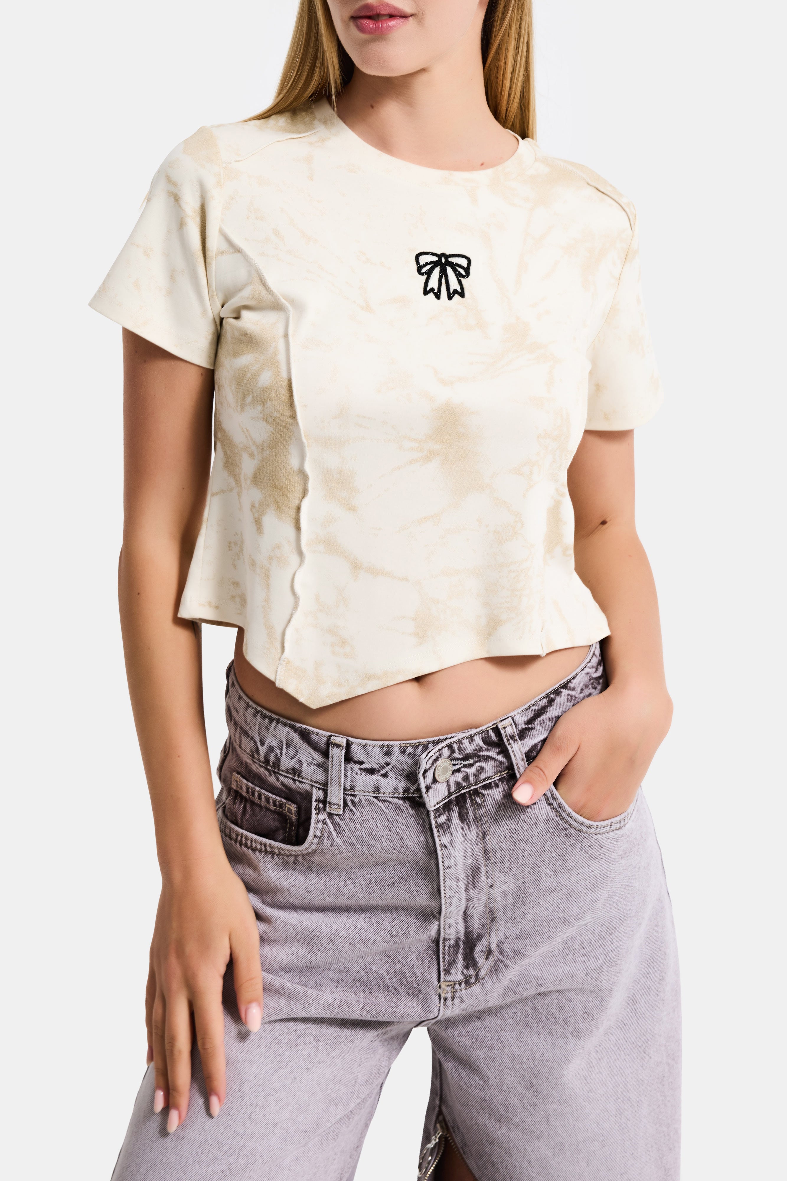 Kadın Bej Ekru w5 Özel Kumaş Elastan Crop Top