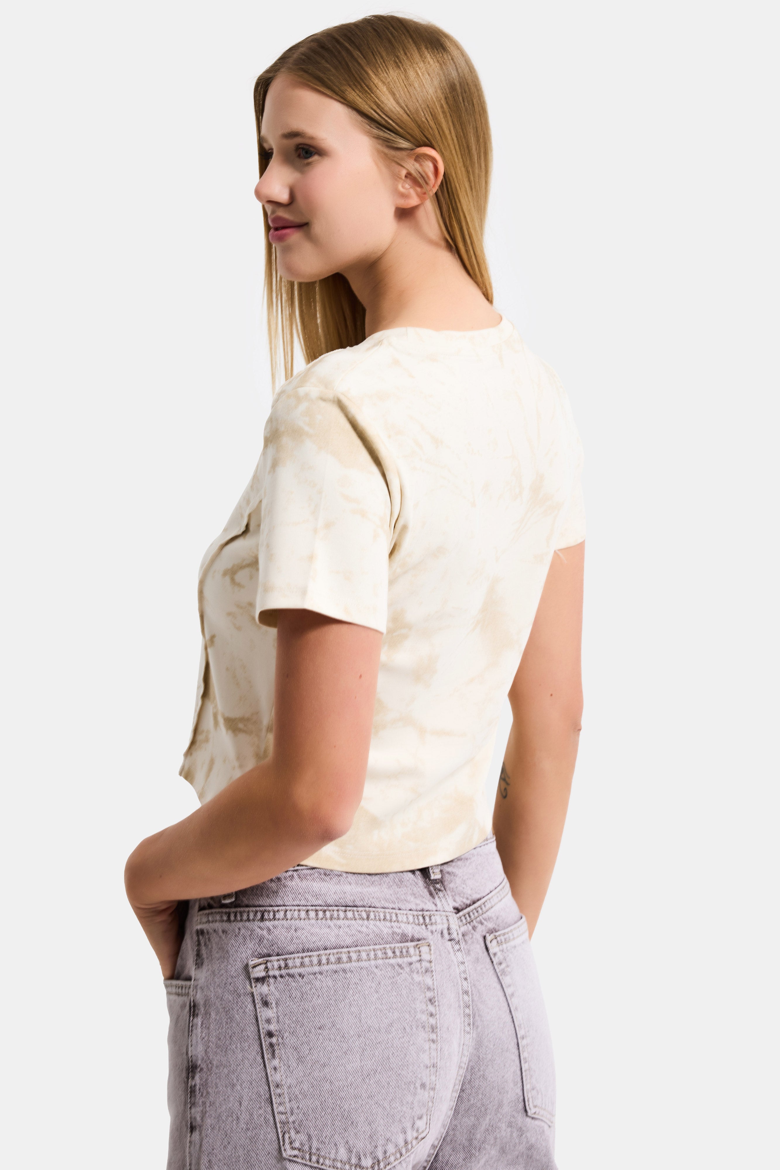 Kadın Bej Ekru w5 Özel Kumaş Elastan Crop Top