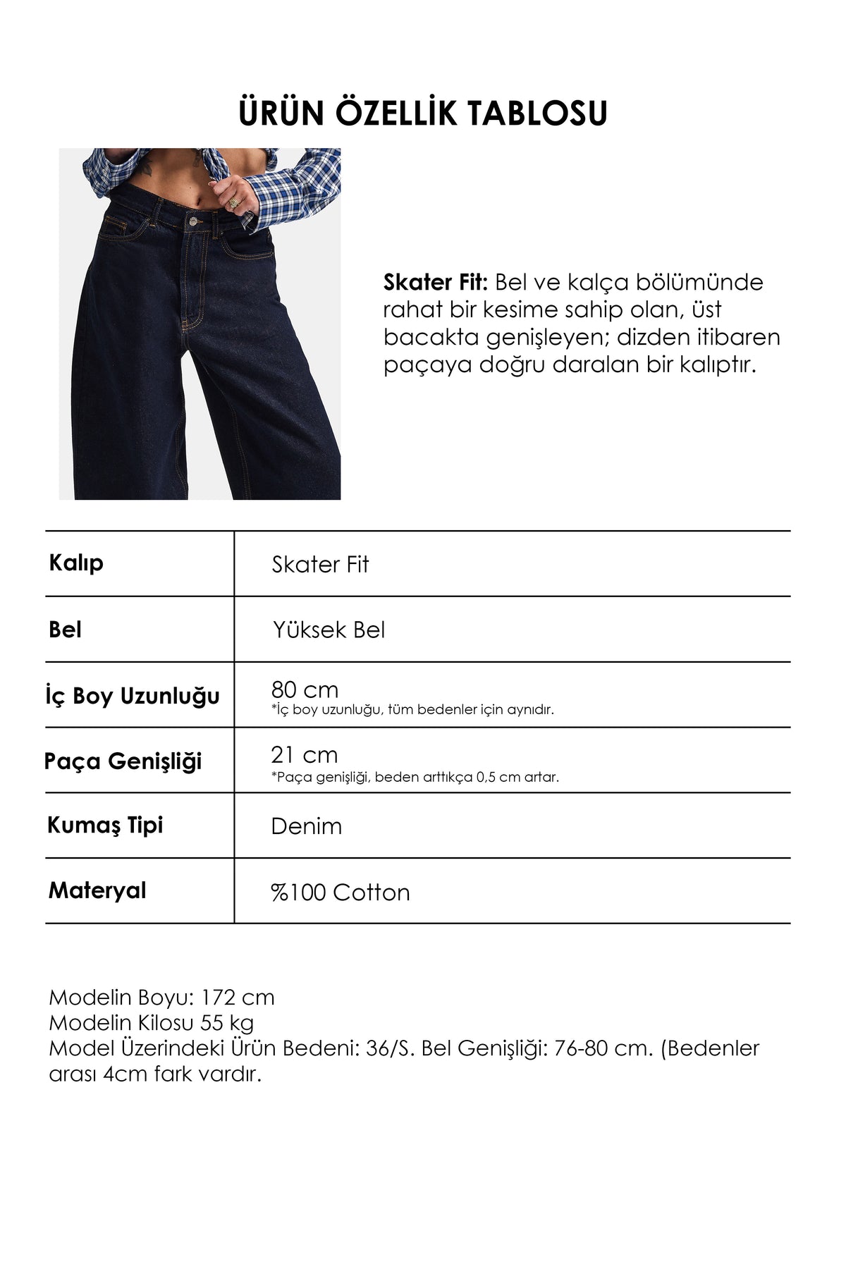 Kadın İndigo Renk Cindy 7w5-50 Skater Fit Bol Kesim İç Boy 80cm Denim Jean