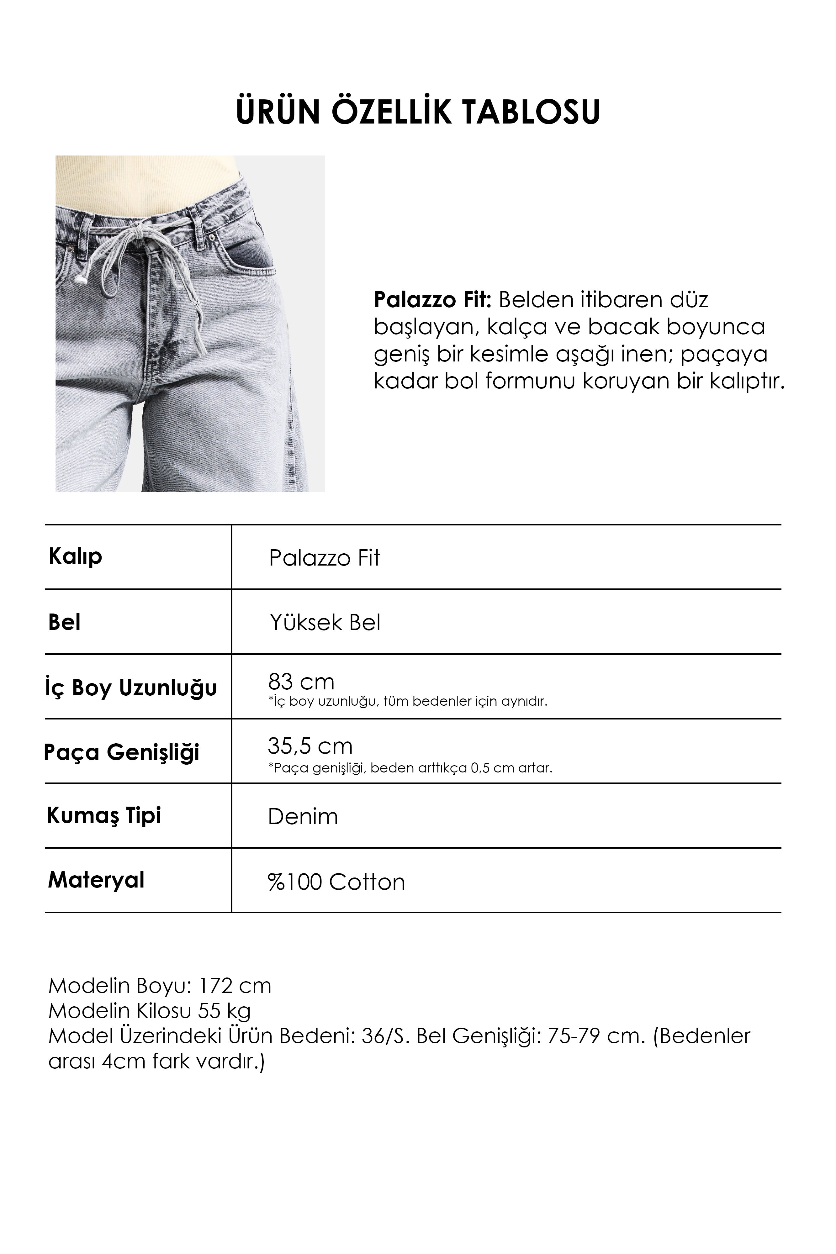 Kadın Gri 4s5-12 Palazzo Fit Bağcıklı %100 Koton Denim Jean