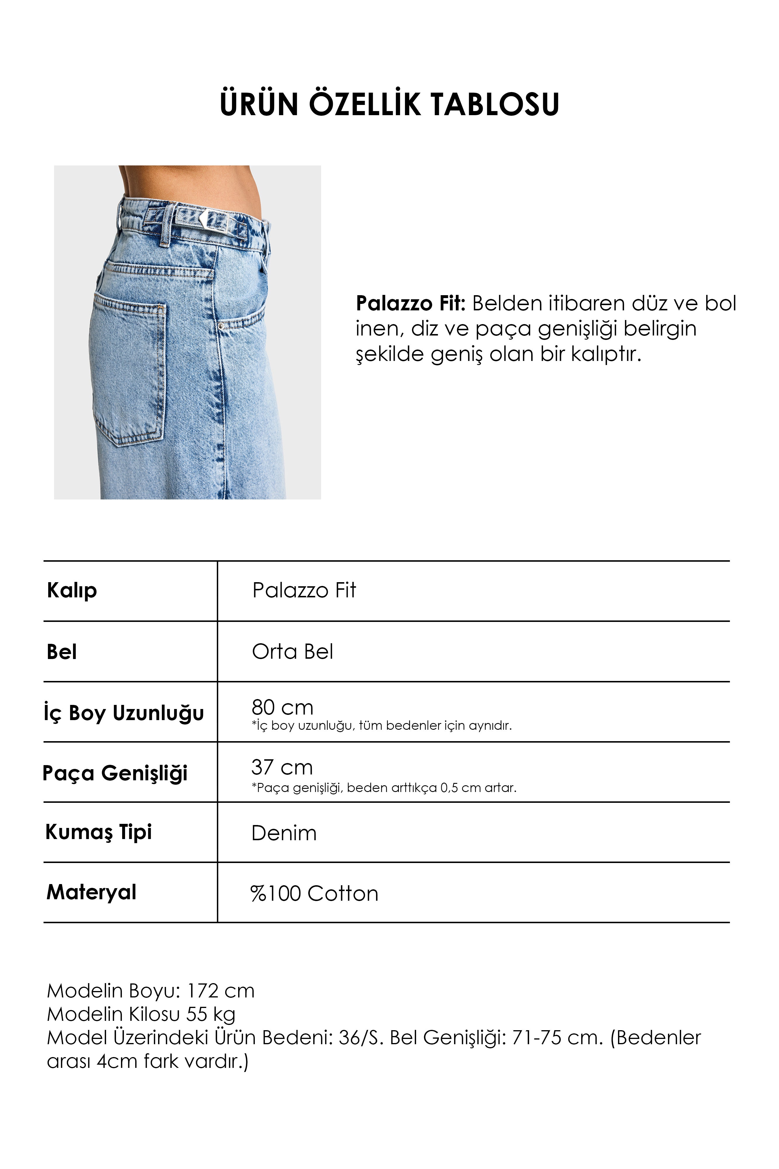 Kadın T.Kot Rengi 10S5-75 Baggy Palazzo Fit %100 Koton Yırtık Detaylı Denim Jean