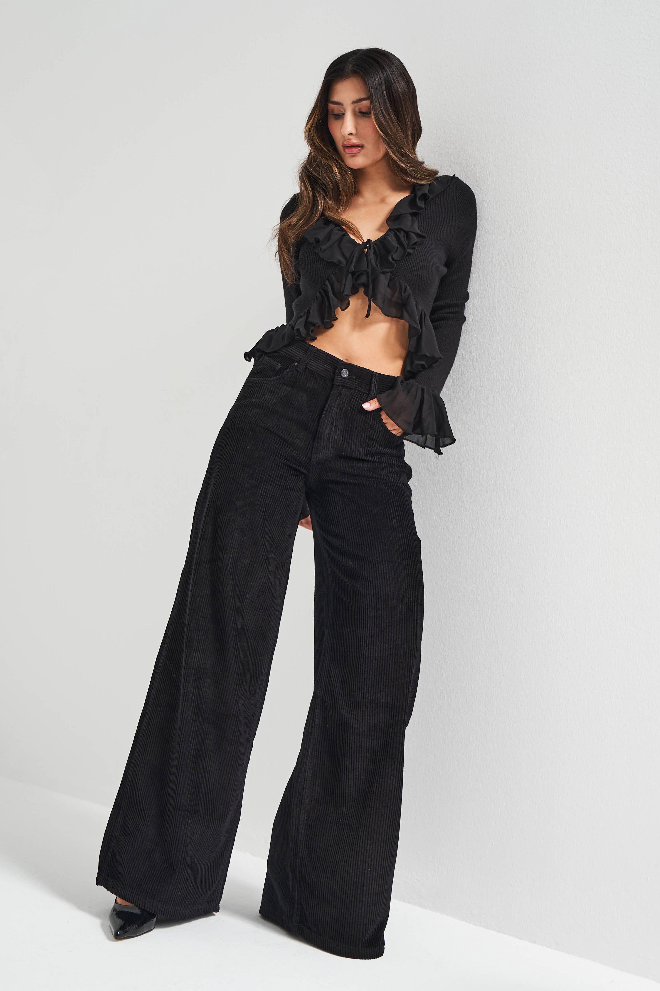 Women's Black Color 26w41 Palazzo Fit Corduroy Trousers