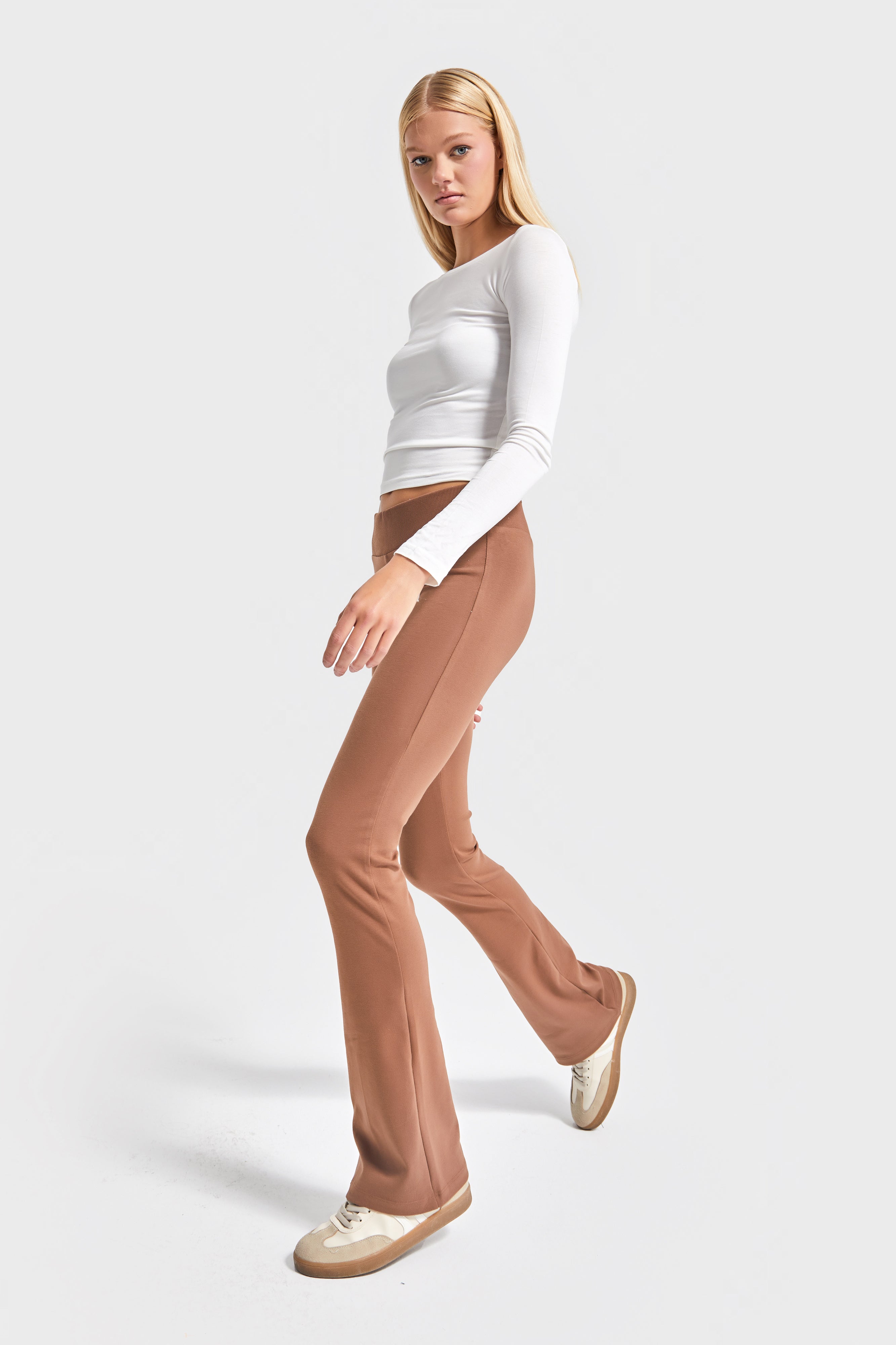 Kadın Kahverengi s5-81 Slim Fit Süper Esnek Kumaş Flare Fit Pantolon