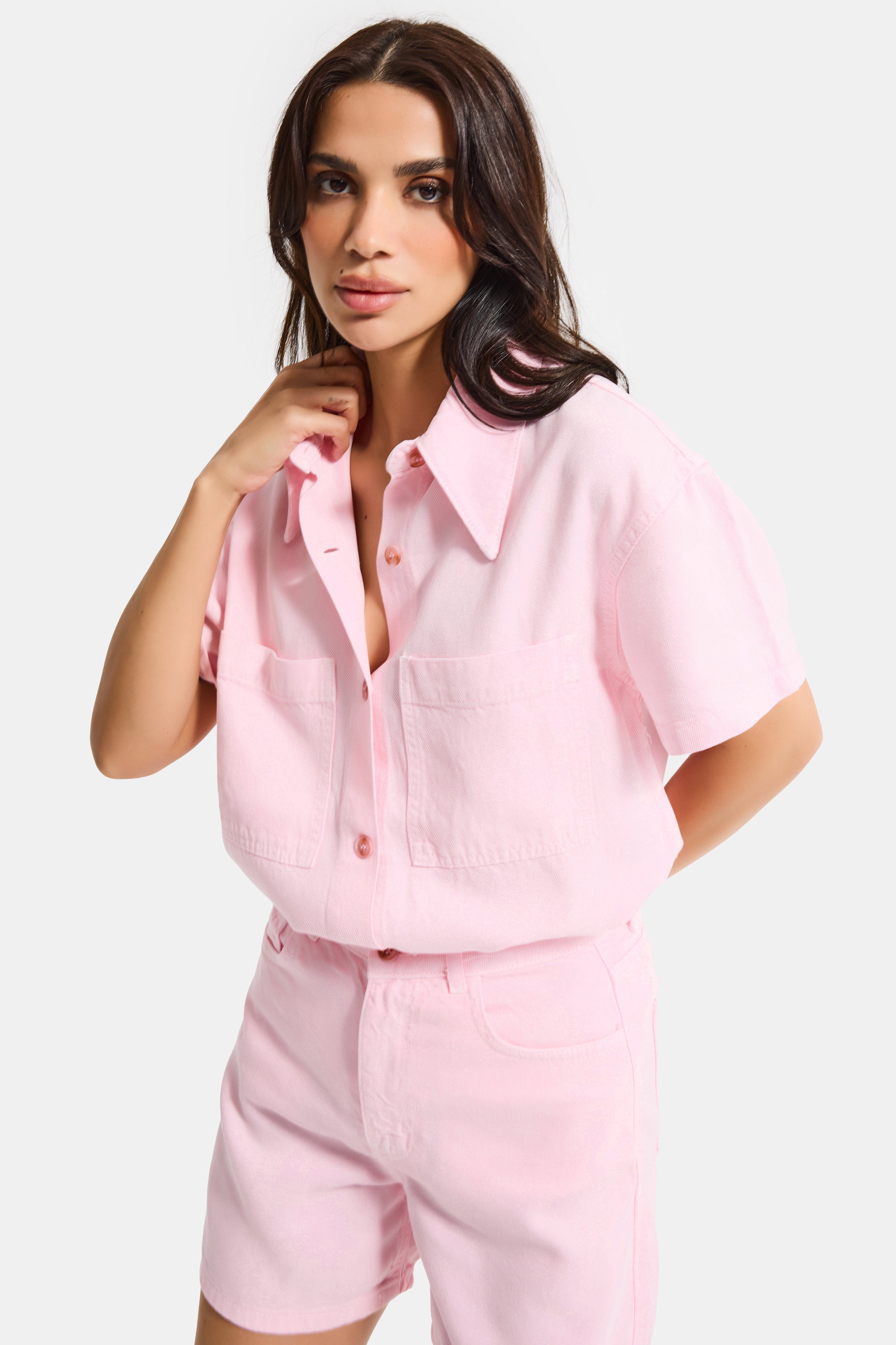 Kadın Light Pembe 6s6-98 Oversize %100 Koton Pamuk Denim Gömlek