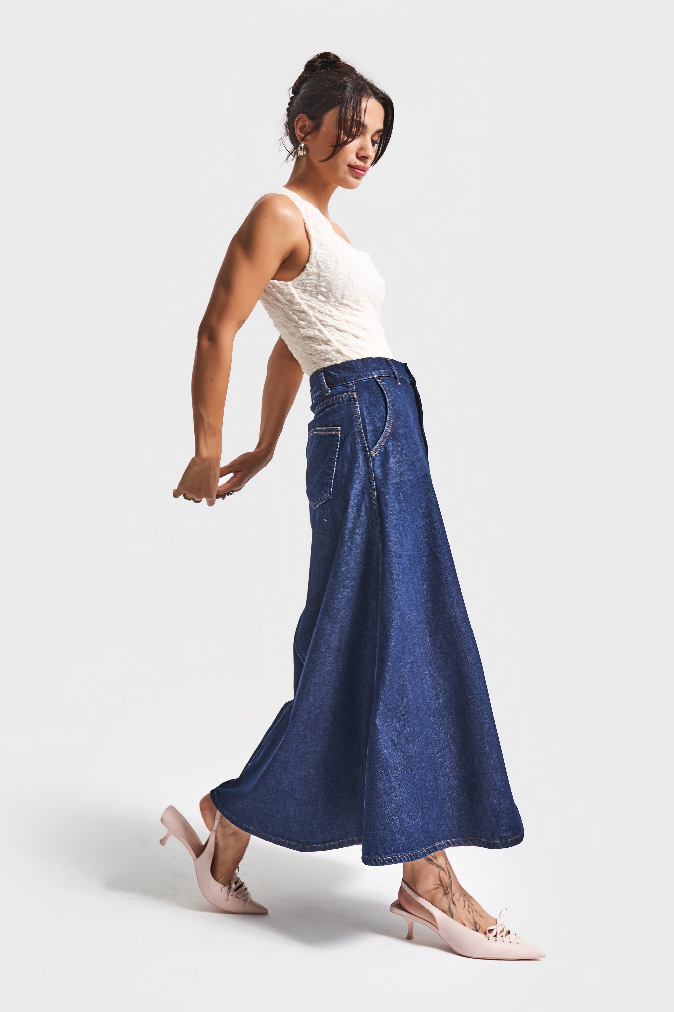 Kadın İndigo Renk 7w5-50 A Tipi Çan Kesim Maxi Boy %100 Koton Denim Etek