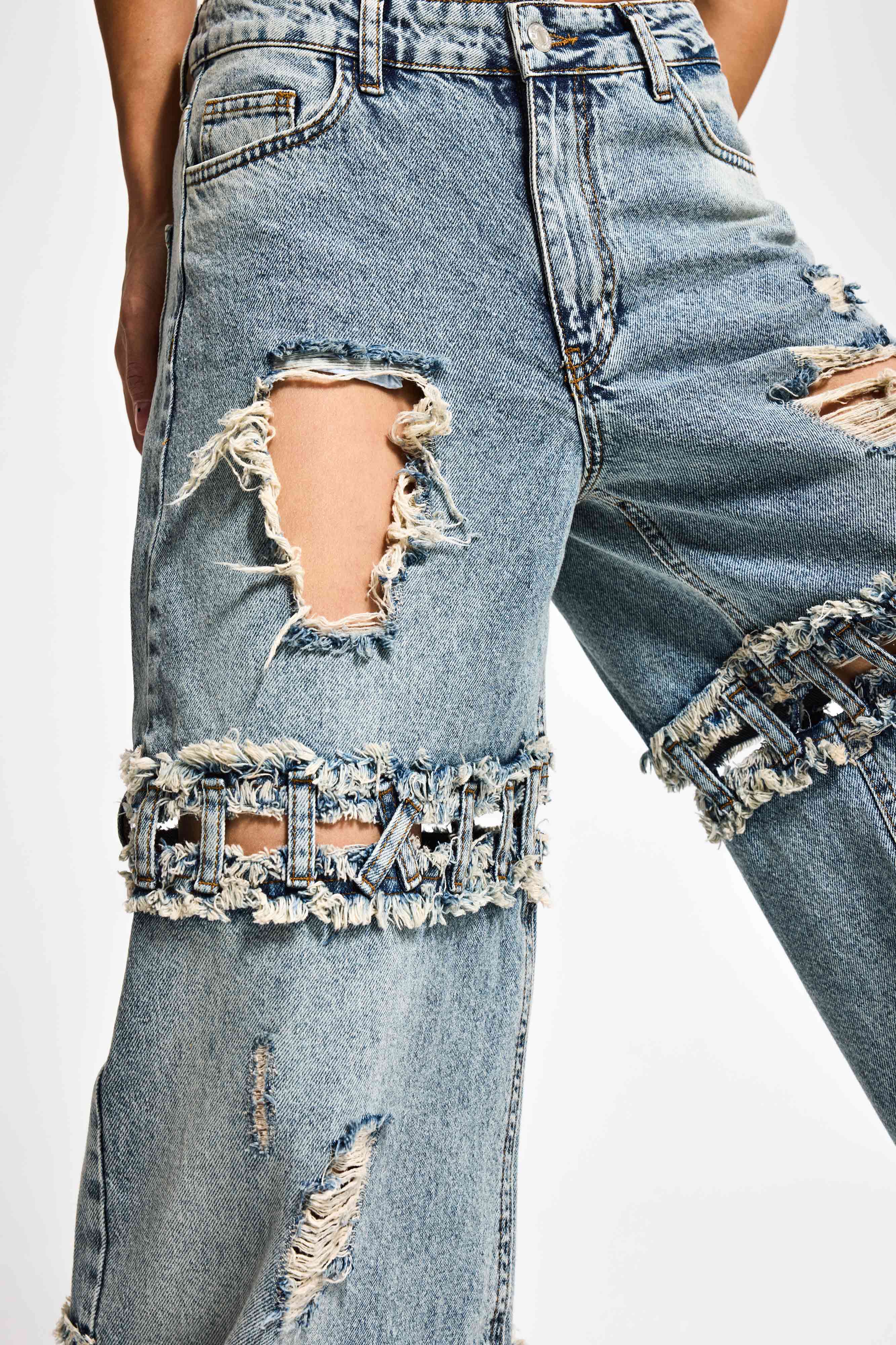 Kadın Kot Rengi Palazzo Fit Yırtık Detaylı Tasarım Denim Jean