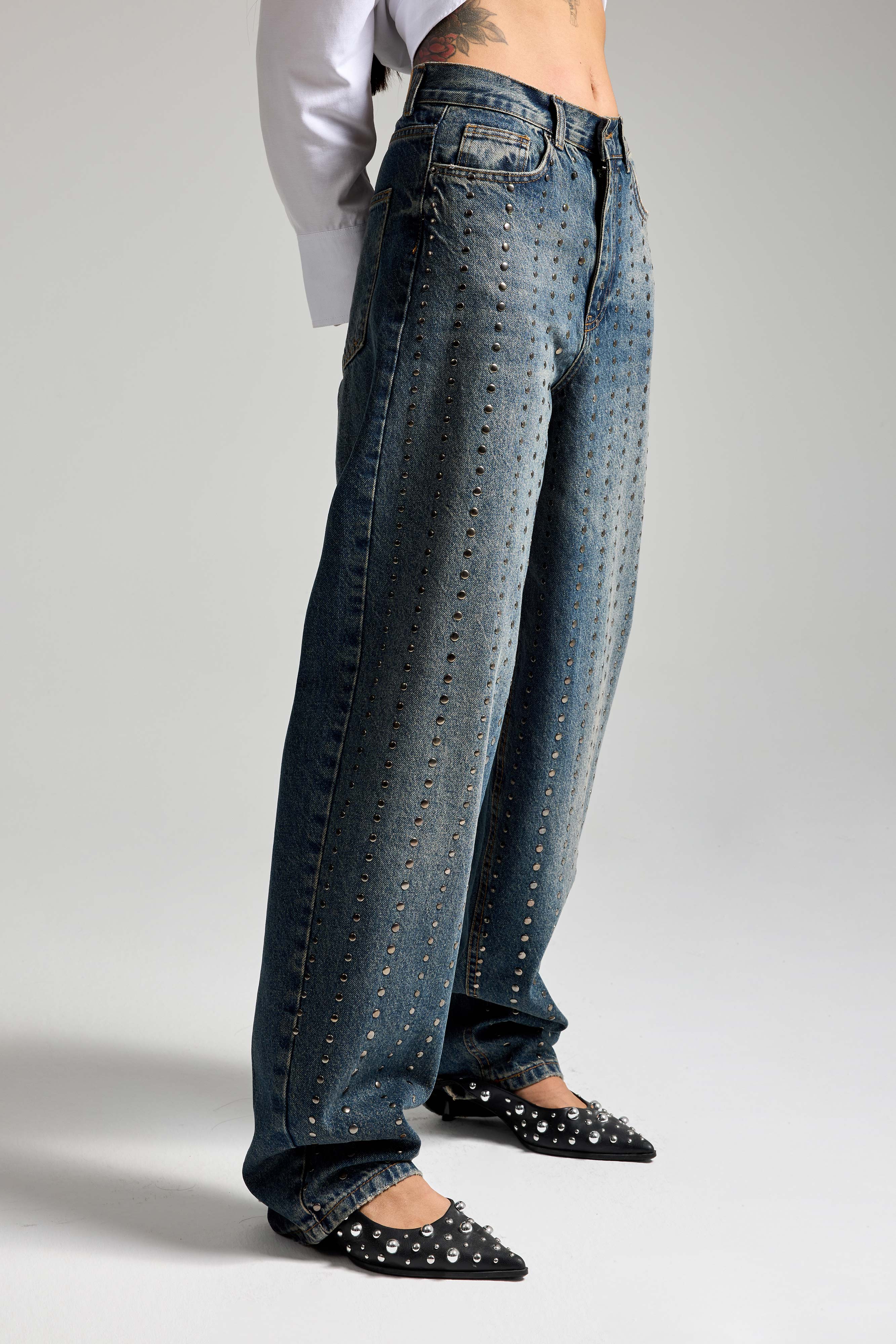 Kadın T.Kot 2w48 Rengi Taş Detaylı Skater Fit Tasarım Denim