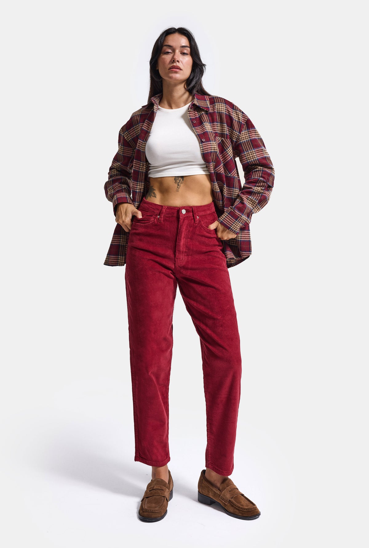Kadın Bordo Renk 26w5-35 Relax Fit Esnek Kumaş İnce Fitilli Velvet Kadife Kumaş Pantolon