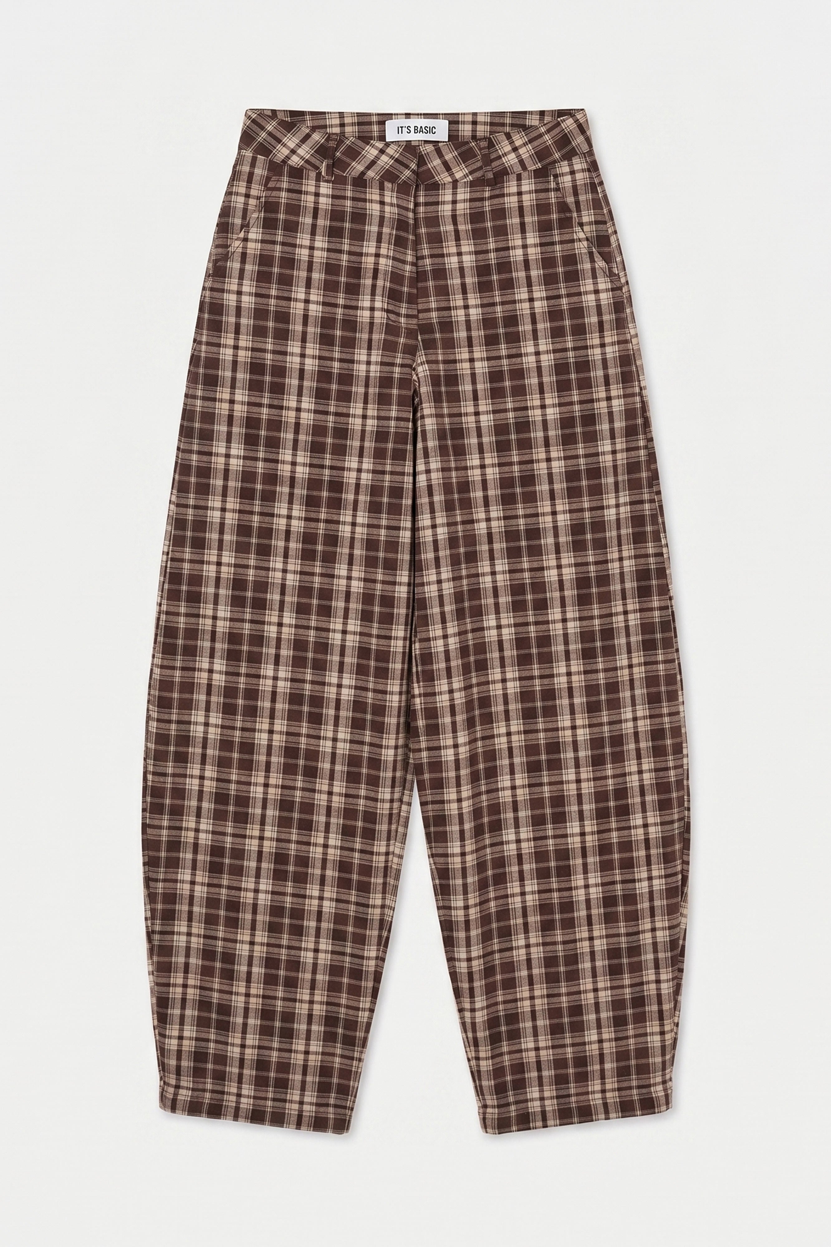 Kadın Kahve Ekose s6-14 Skater Fit Bol Kesim Pantolon