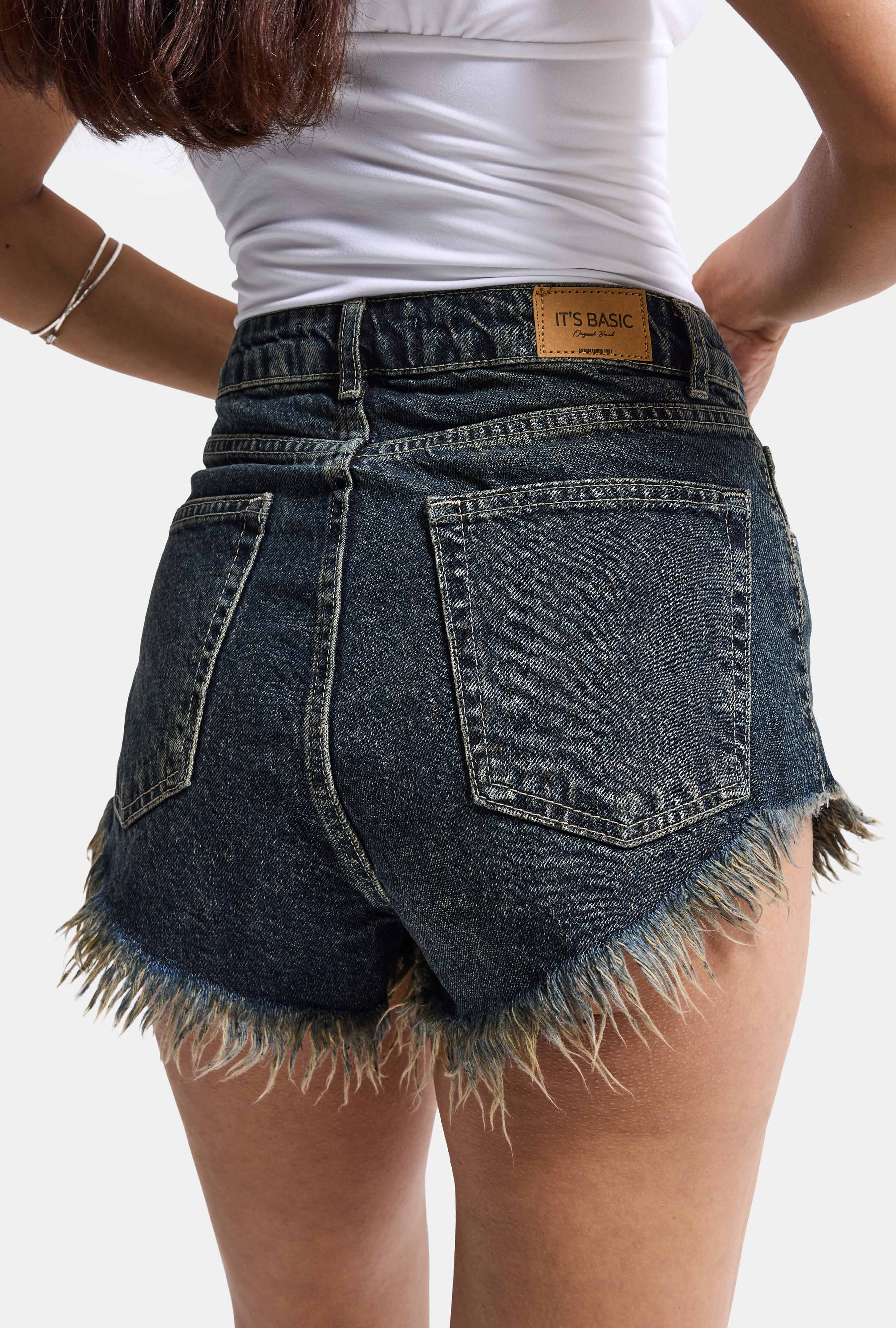 Kadın Koyu Kot 2s6 Mini Boy Paça Püsküllü Denim Şort