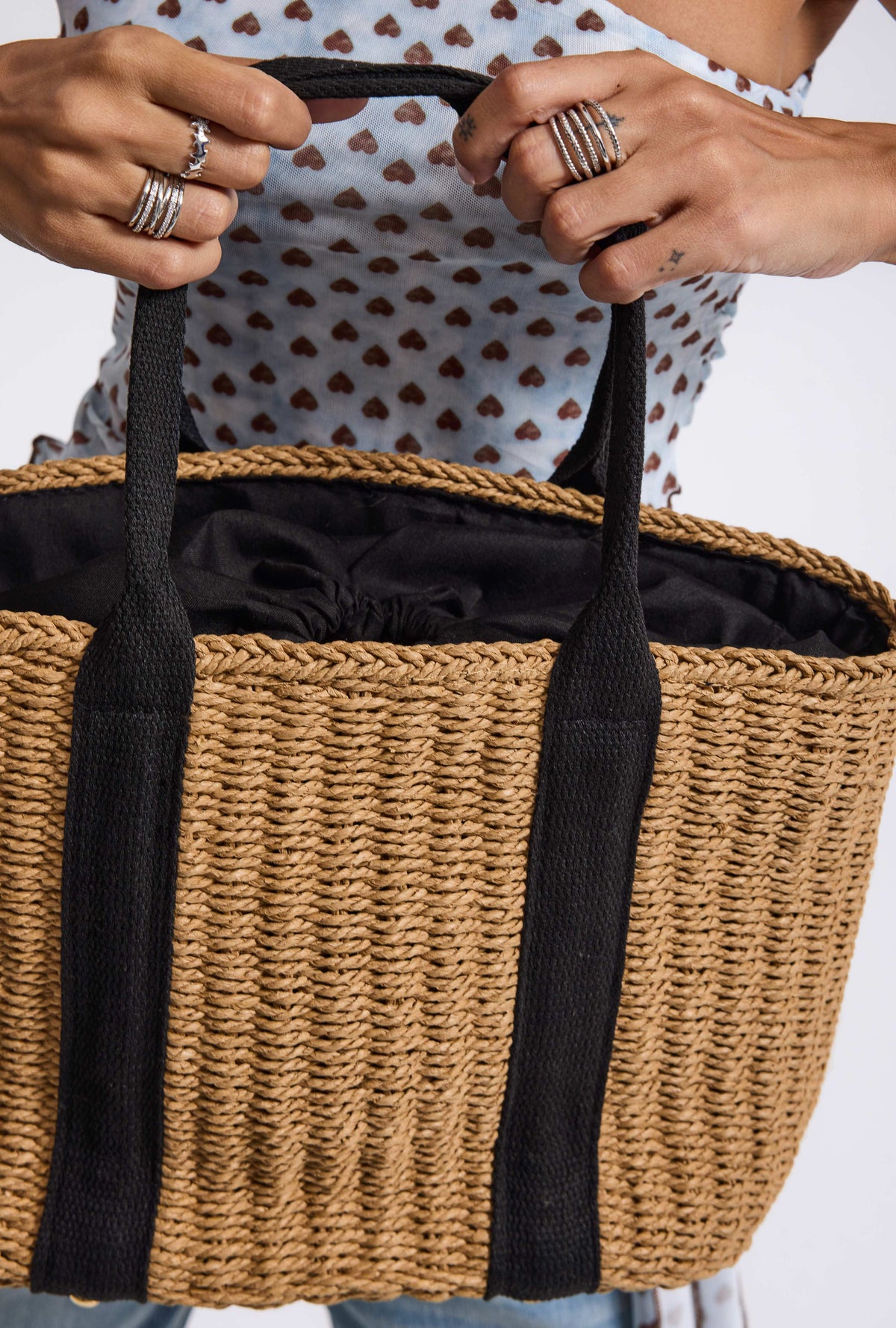Woven Paper Straw Bag with Inner Lining - Beige