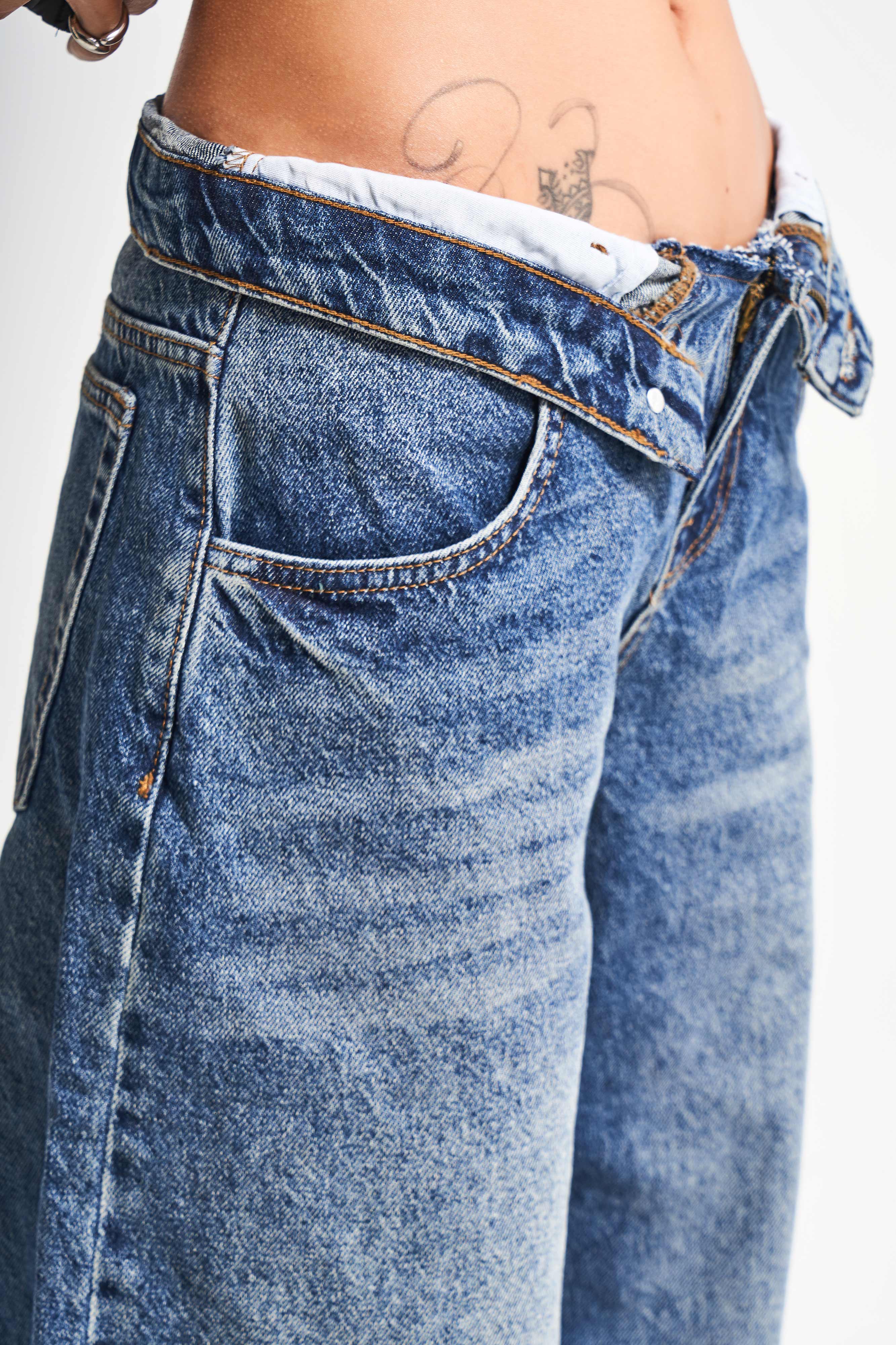 Kadın Kot Rengi 2w5-32 Baggy Balon Fit Kemer Detaylı İç Boy 81cm Tasarım Denim Jean