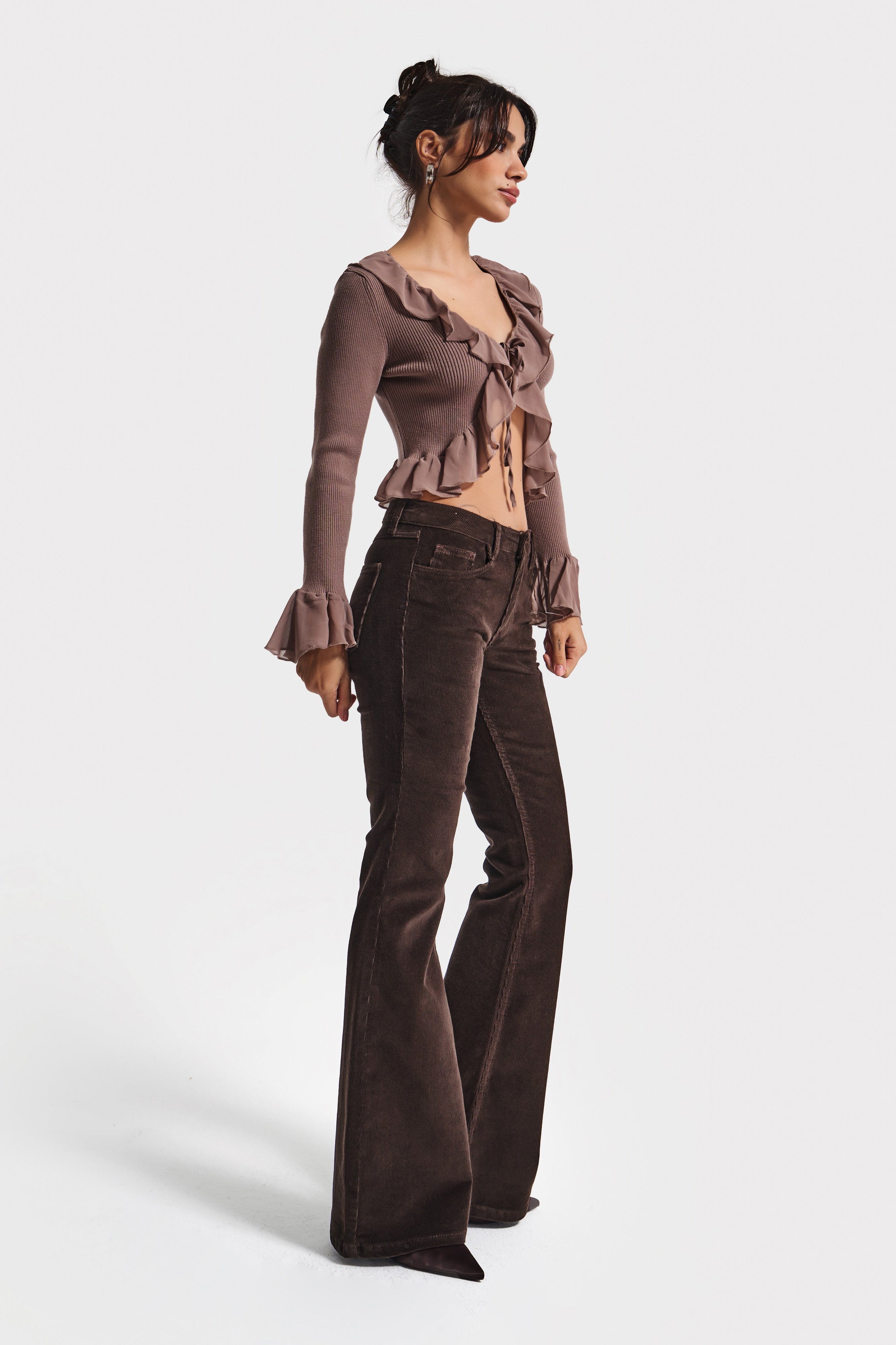 Kadın Koyu Kahverengi 26w5-136 Low Waist Flare Fit İnce Fitilli Velvet Kadife Kumaş Pantolon