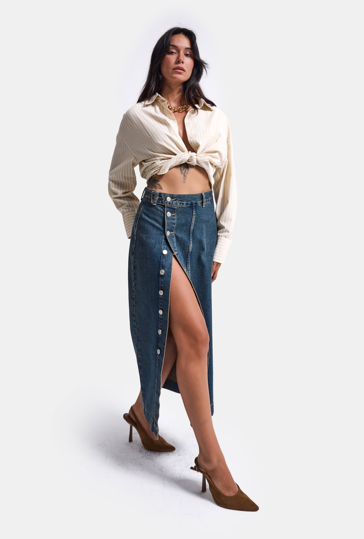 Kadın Tint Kot Rengi Tilia Önü Düğmeli Maxi Boy Denim Etek