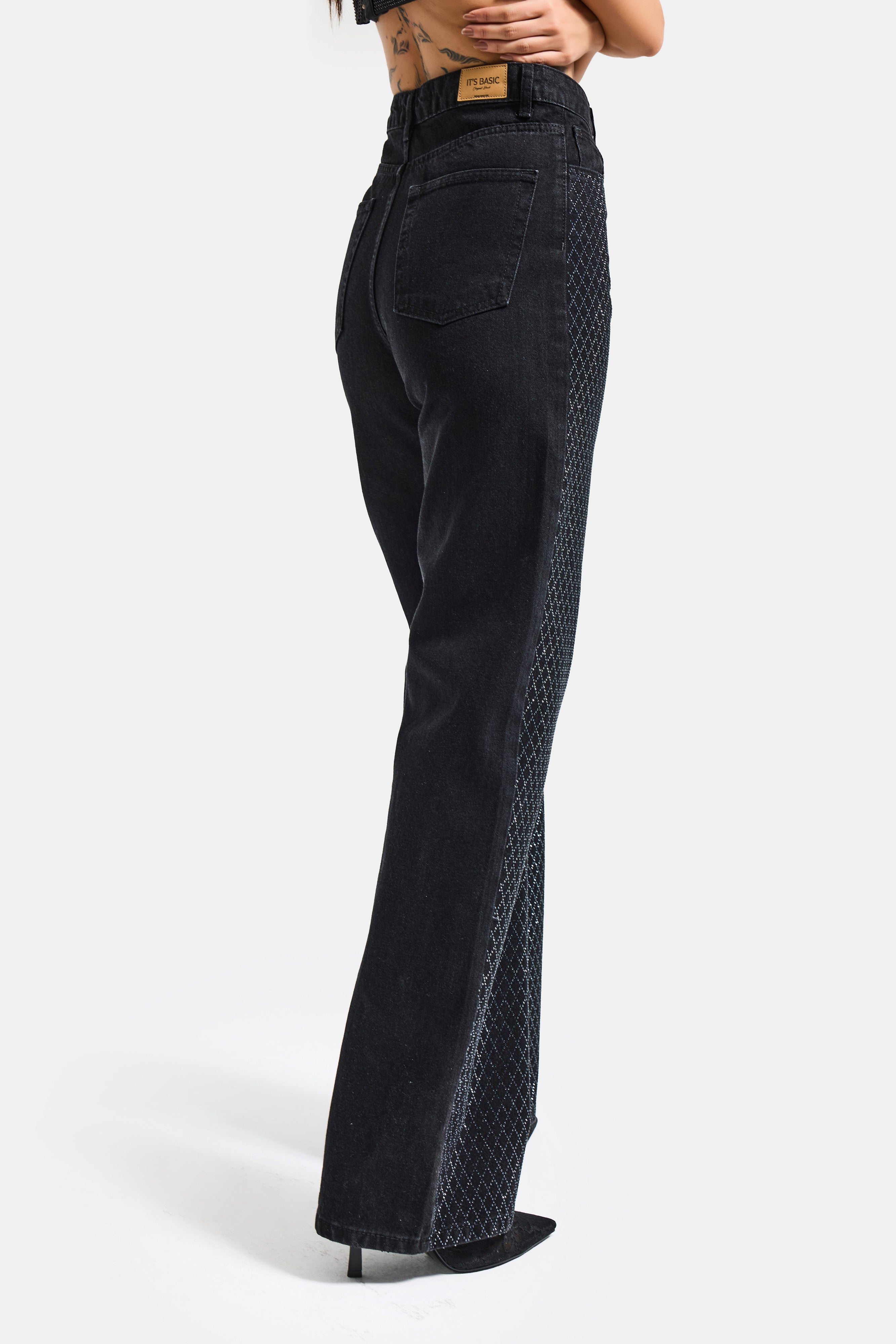 Kadın Siyah Renk T3-1s5-1 Straight Fit Yüksek Bel Işıltılı Parlak Taşlı Tasarım Denim Jean