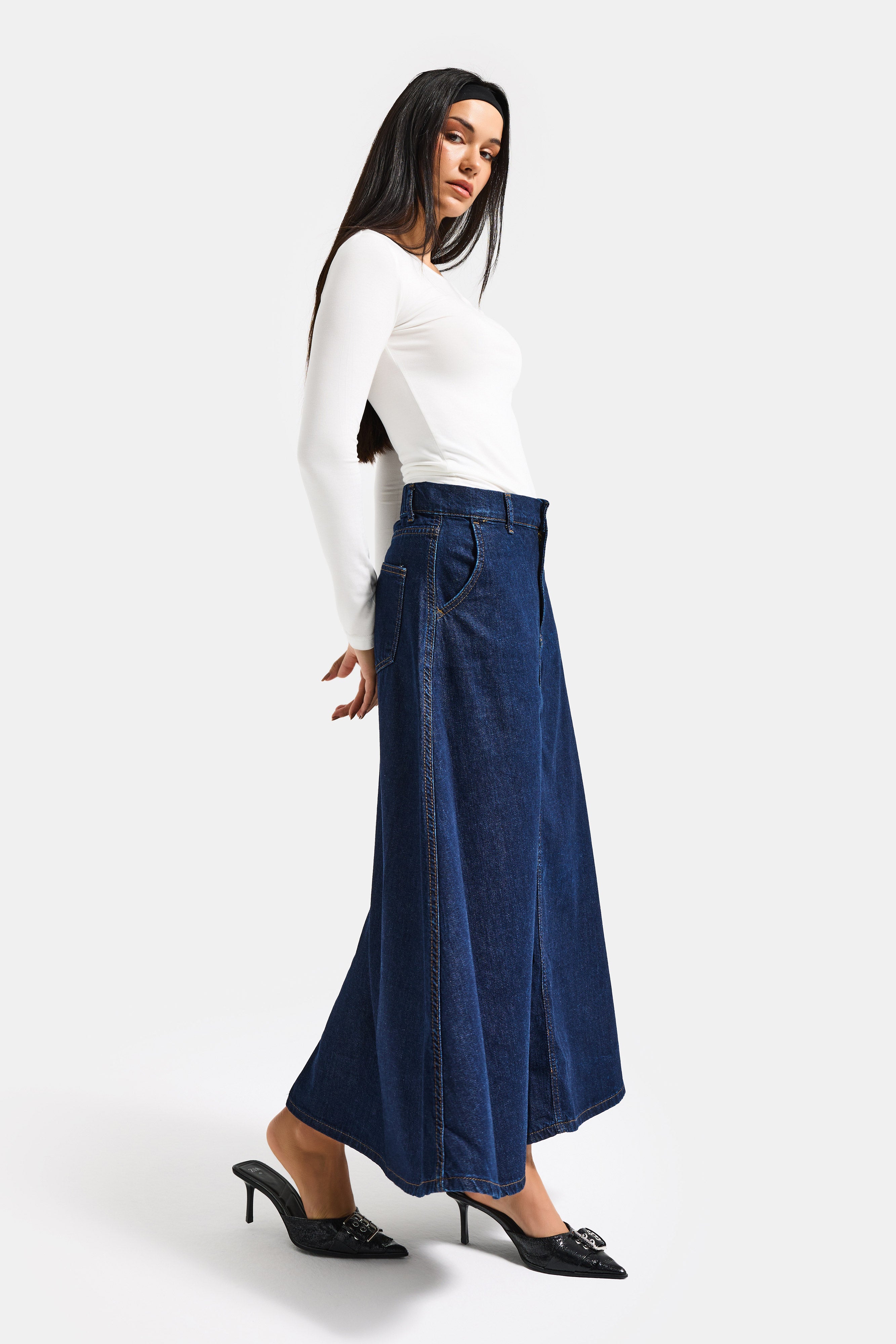 Kadın İndigo Renk 7w5-50 A Tipi Çan Kesim Maxi Boy %100 Koton Denim Etek