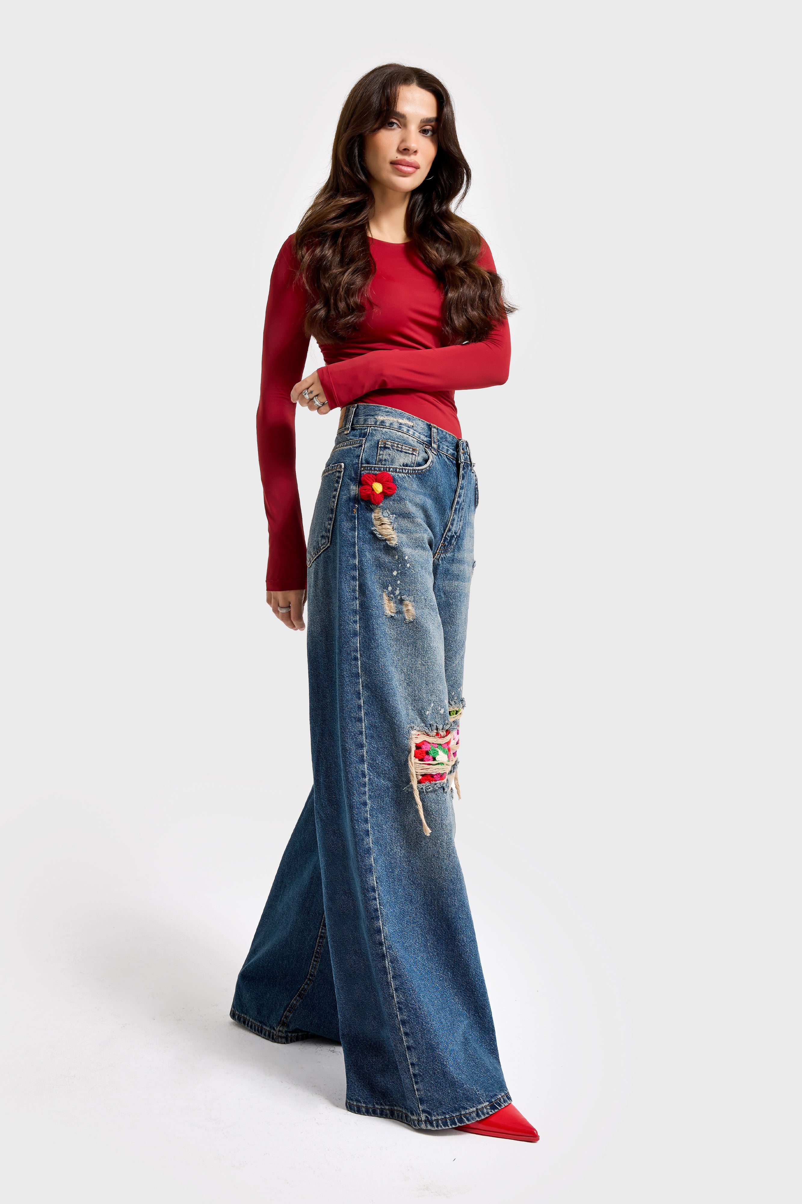 Kadın Kot Rengi Etnik Desenli Palazzo Fit Tasarım Denim