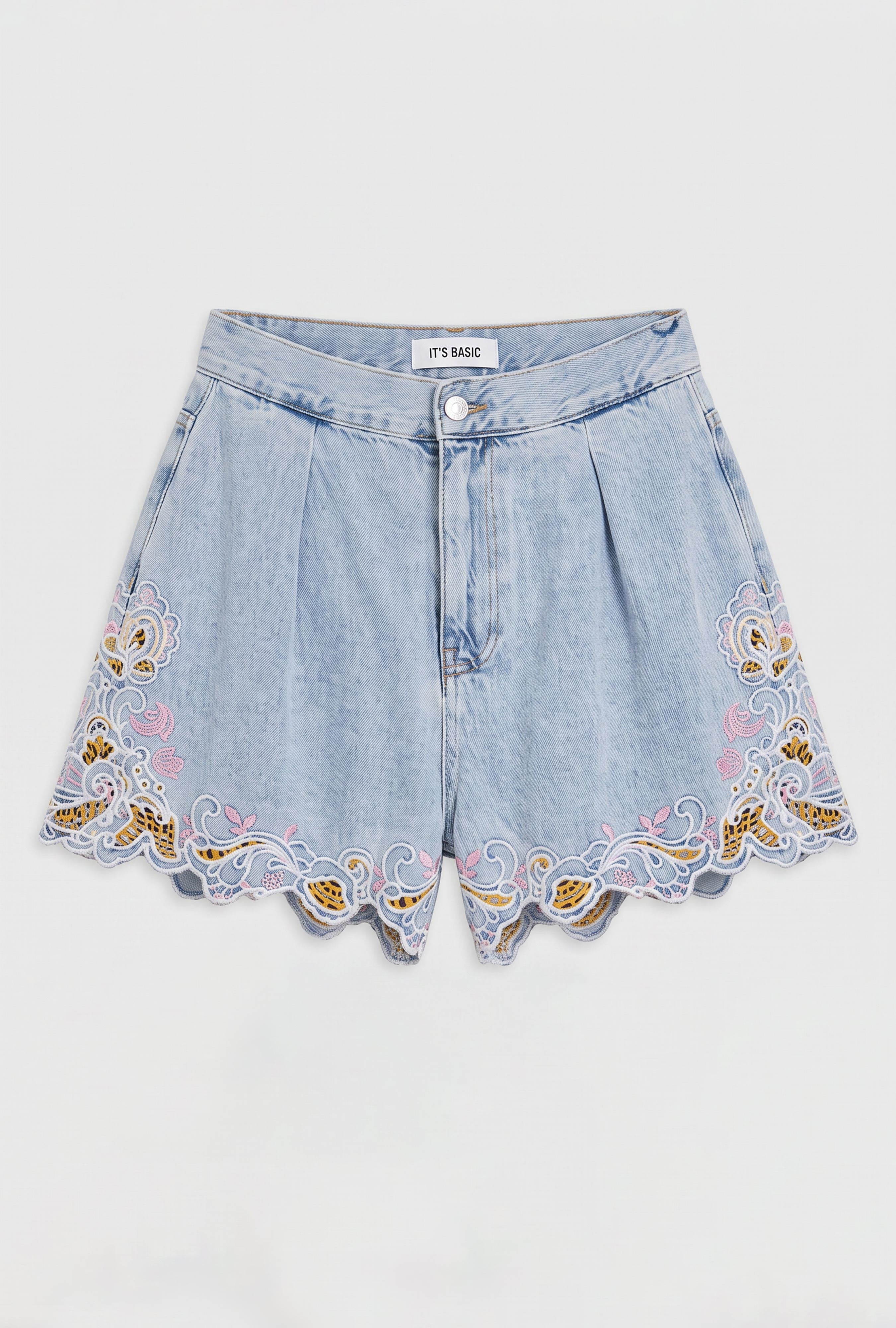 Women's Ice Blue Denim Shorts with Colorful Floral Embroidery, Midi Length, Viscose Fabric Design