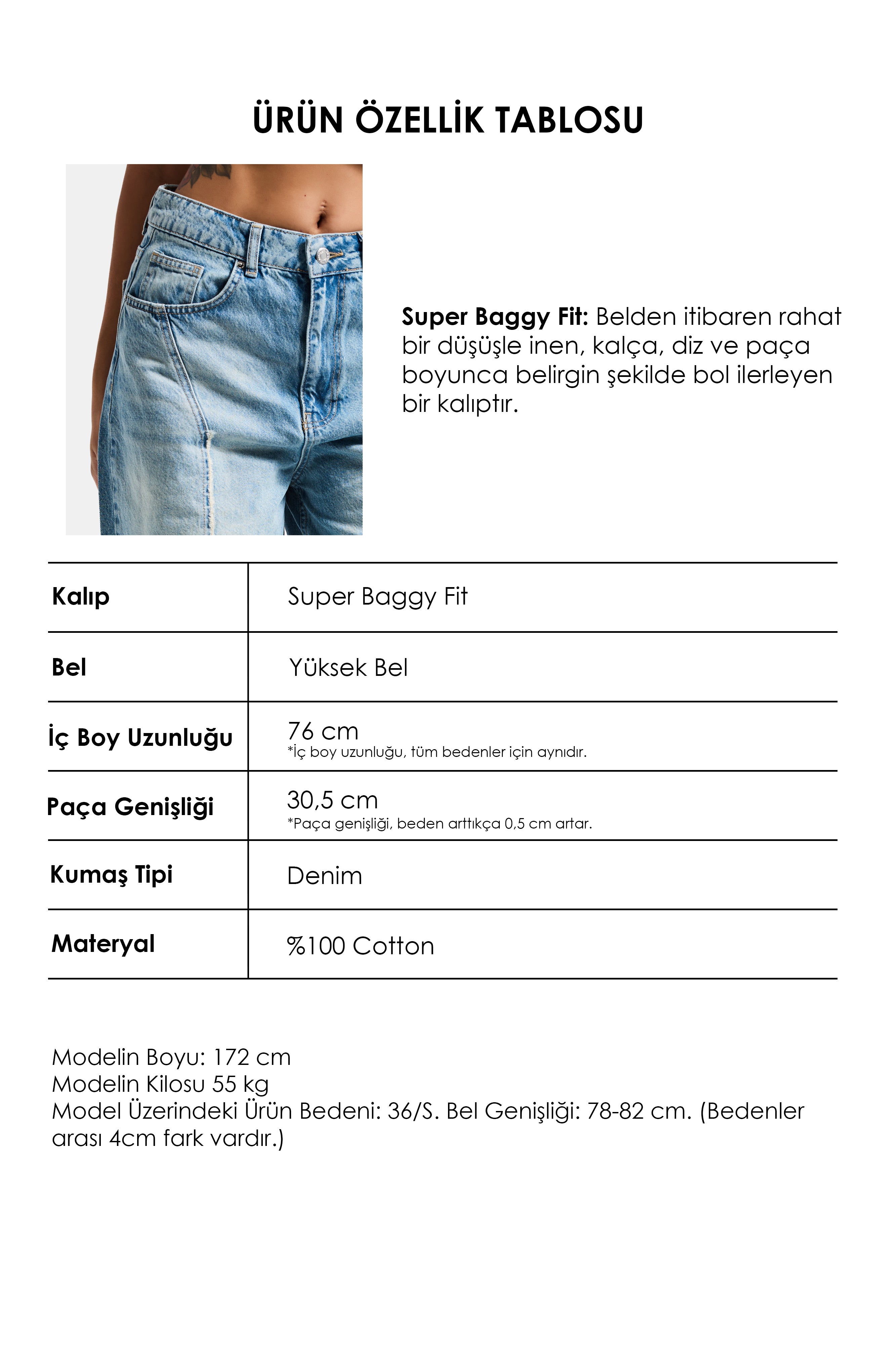 Kadın Kot Rengi 4s6-32 Süper Baggy Fit Paça Detaylı Özel Tasarım Denim Jean
