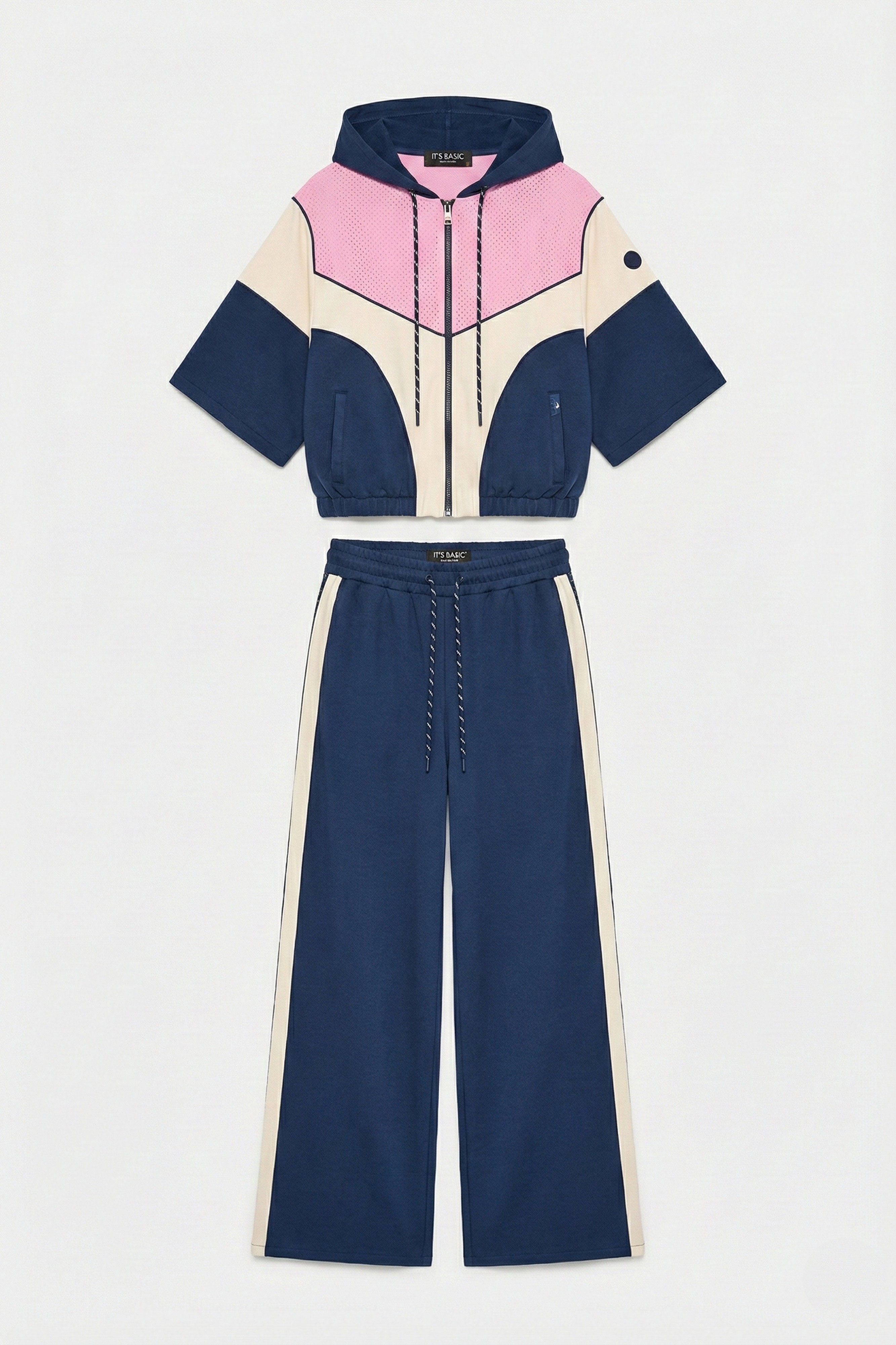 Kadın Lacivert Ekru s6-56 Kapüşonlu Sweatshirt Yürüyüş Efofman Pantolon 2'li Tasarım Takım