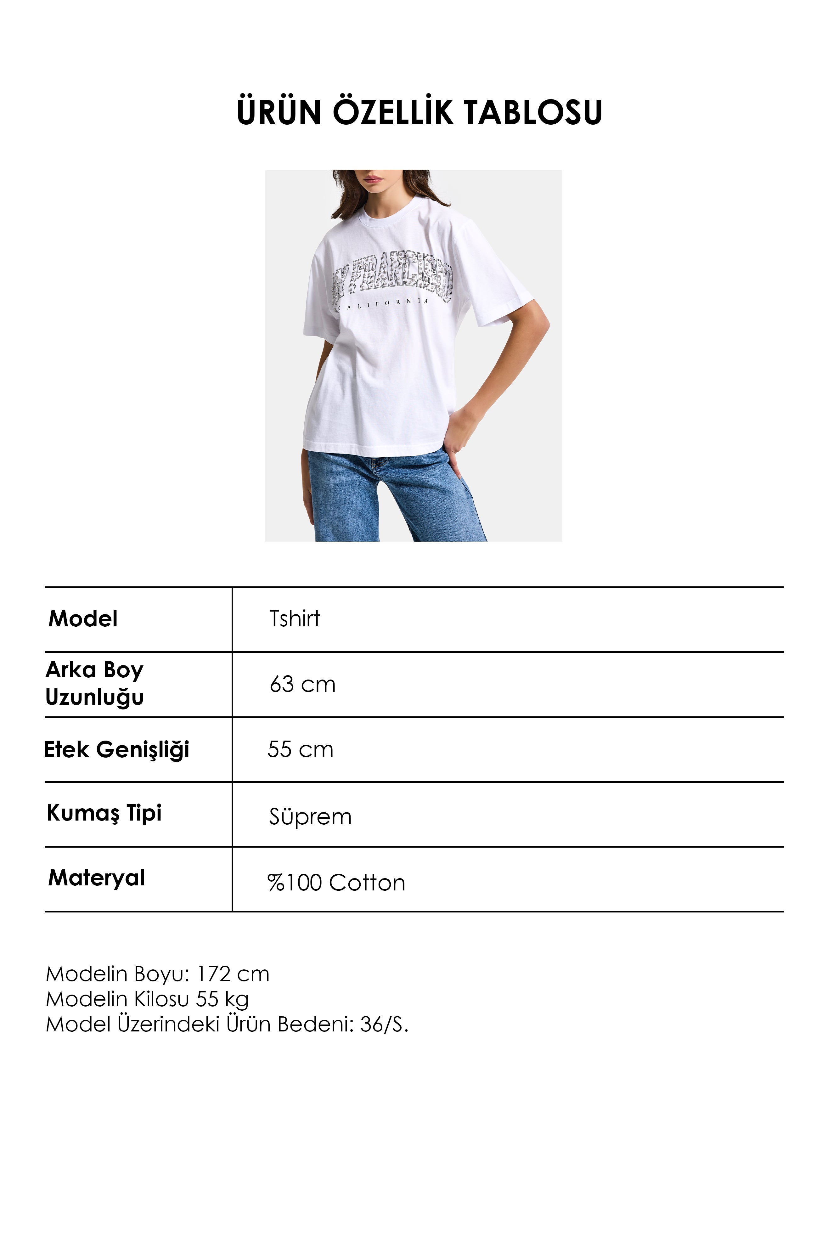 Women's White S6-2 Oversize Special Rhinestone Slogan Loose Fit T-Shirt