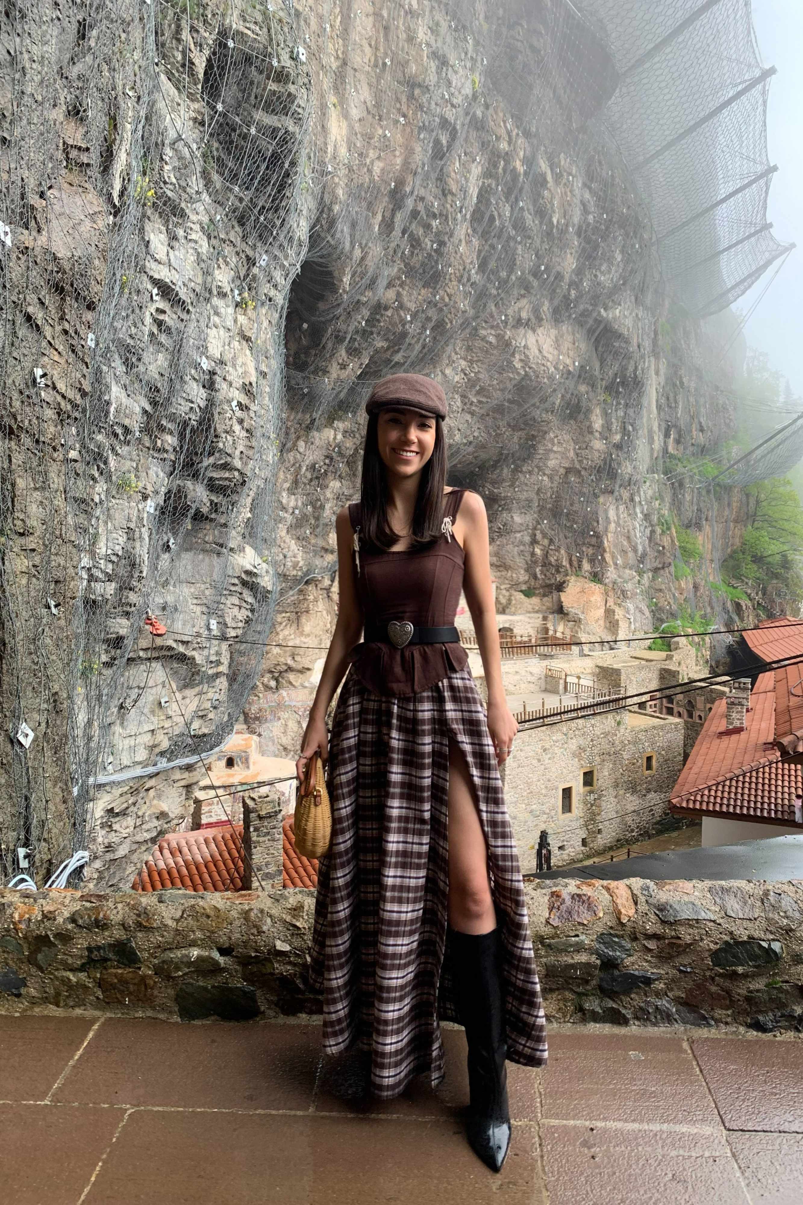 Women's Coffee Plaid s6-14 Maxi Length Slit Detailed Cotton Skirt