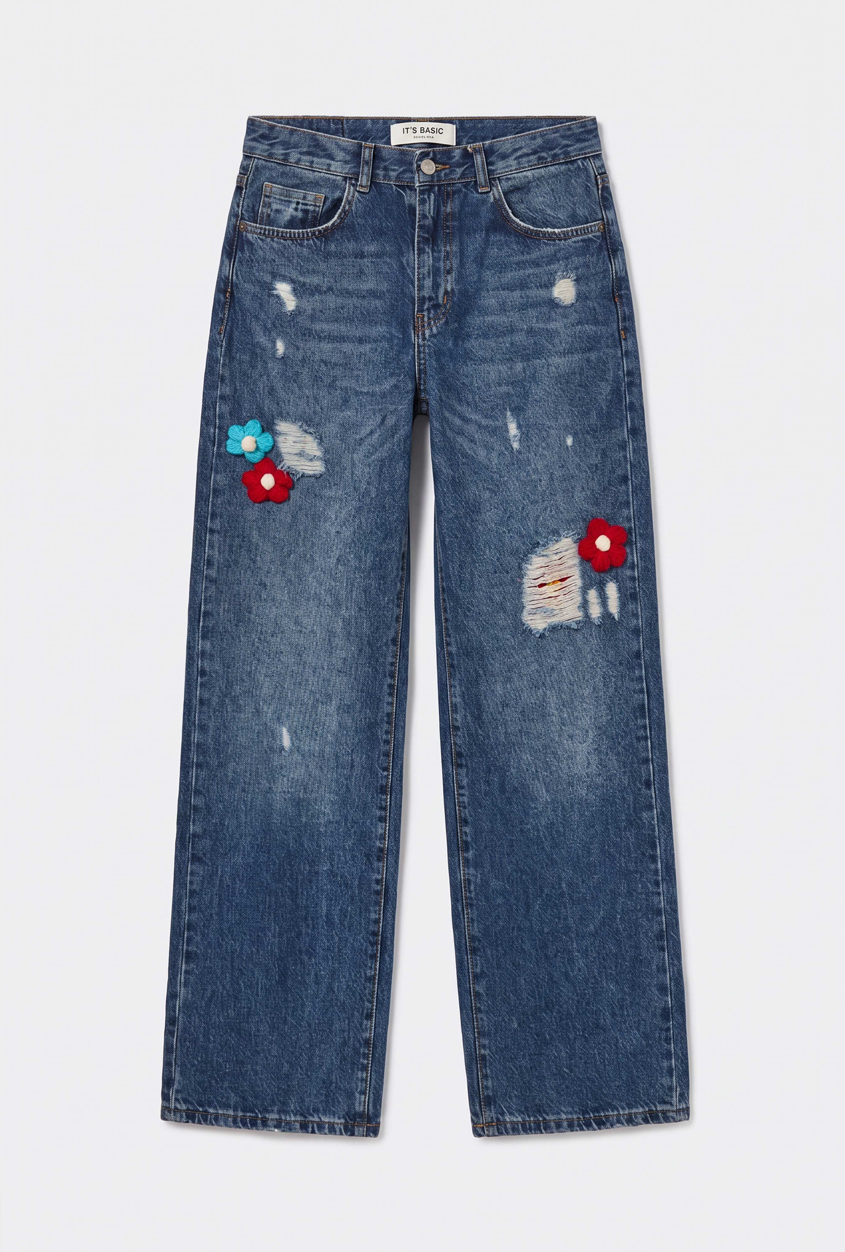 Kadın T.Kot Rengi Etnik Gül Desenli Loose Fit Tasarım Denim Jean