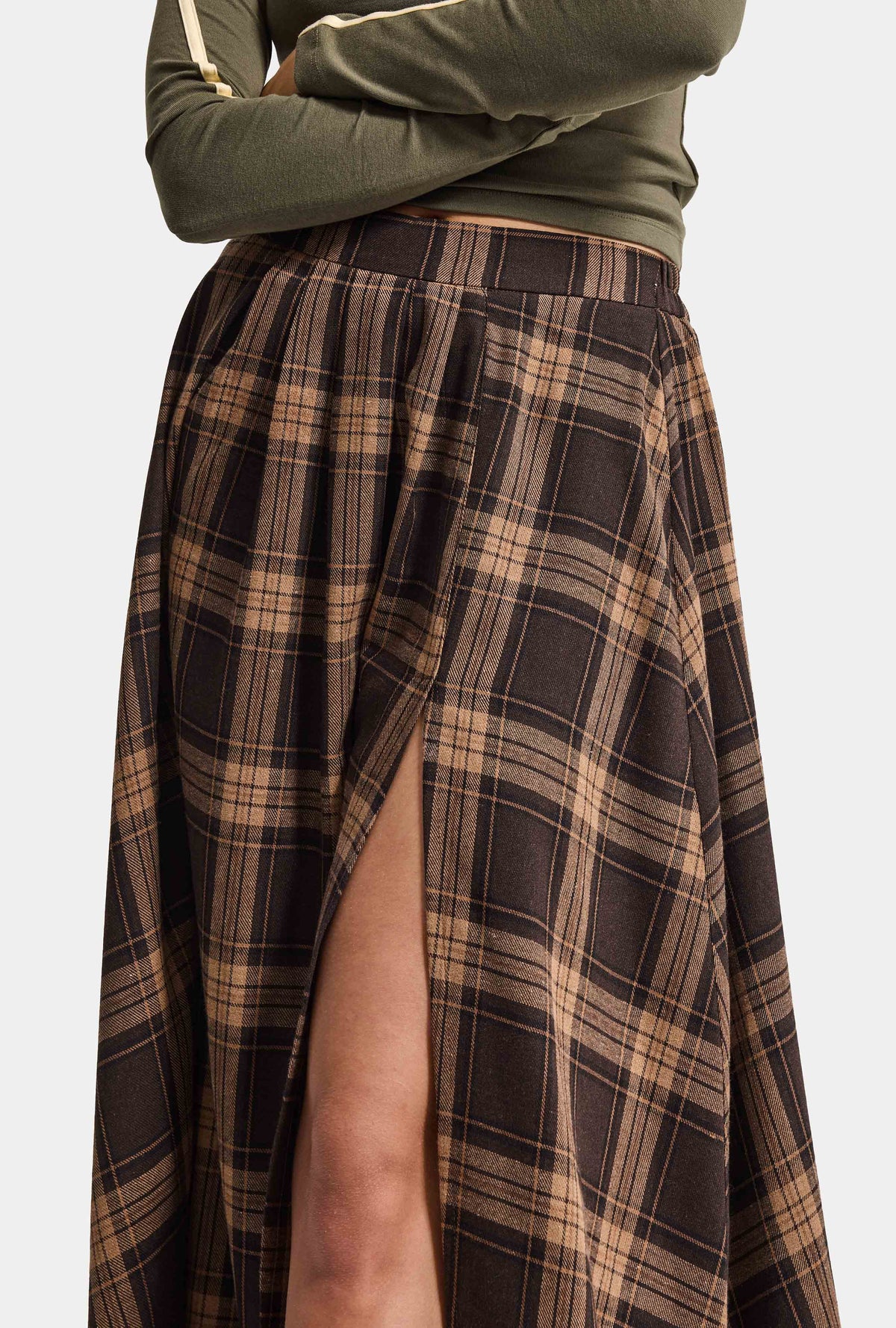 Women's Coffee Plaid s6-14 Maxi Length Slit Detailed Cotton Skirt
