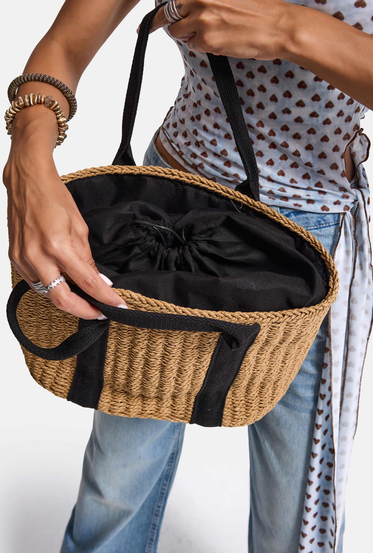 Woven Paper Straw Bag with Inner Lining - Beige
